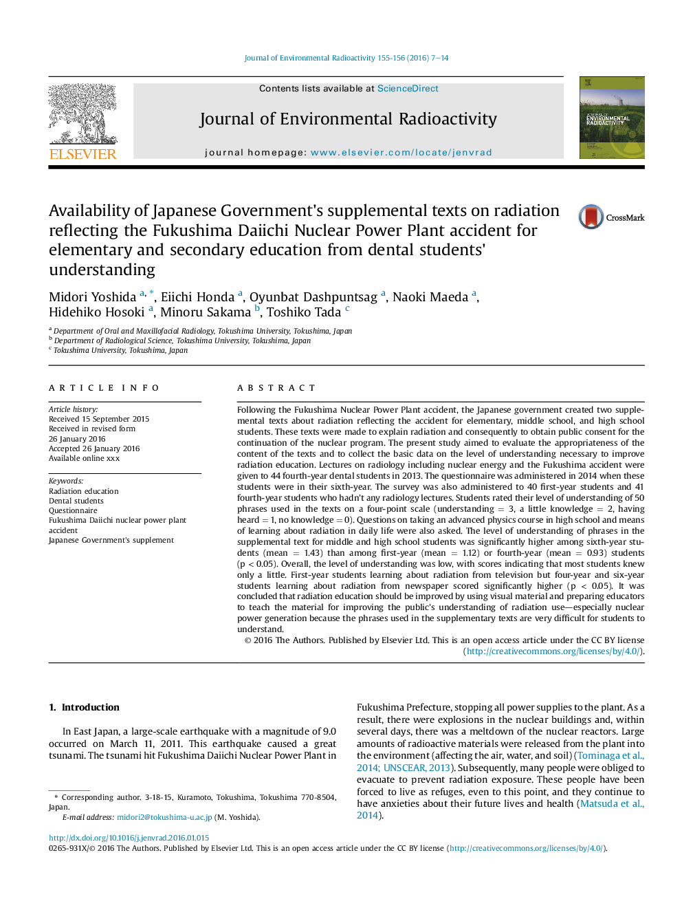 Availability of Japanese Government's supplemental texts on radiation reflecting the Fukushima Daiichi Nuclear Power Plant accident for elementary and secondary education from dental students' understanding