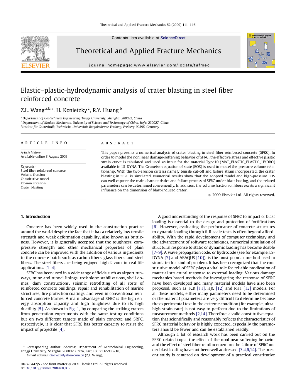 Elastic–plastic-hydrodynamic analysis of crater blasting in steel fiber reinforced concrete