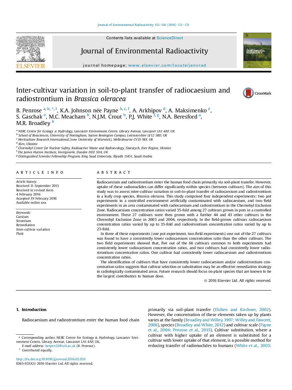 Inter-cultivar variation in soil-to-plant transfer of radiocaesium and radiostrontium in Brassica oleracea