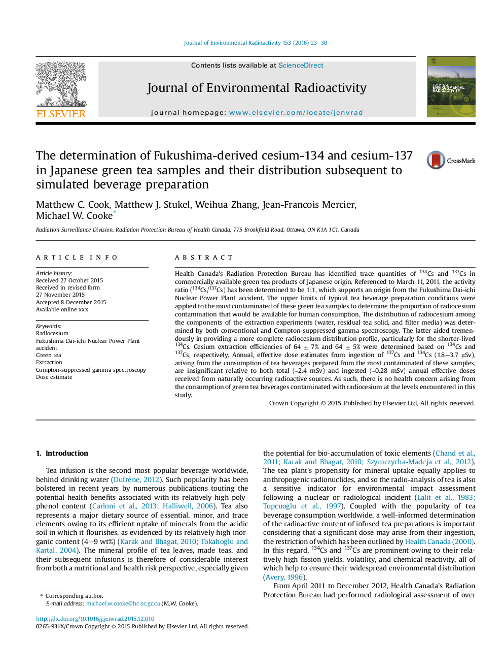 The determination of Fukushima-derived cesium-134 and cesium-137 in Japanese green tea samples and their distribution subsequent to simulated beverage preparation