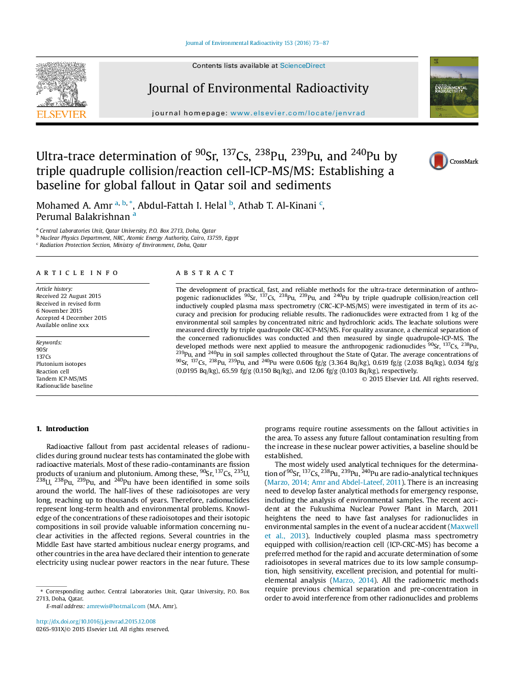 Ultra-trace determination of 90Sr, 137Cs, 238Pu, 239Pu, and 240Pu by triple quadruple collision/reaction cell-ICP-MS/MS: Establishing a baseline for global fallout in Qatar soil and sediments