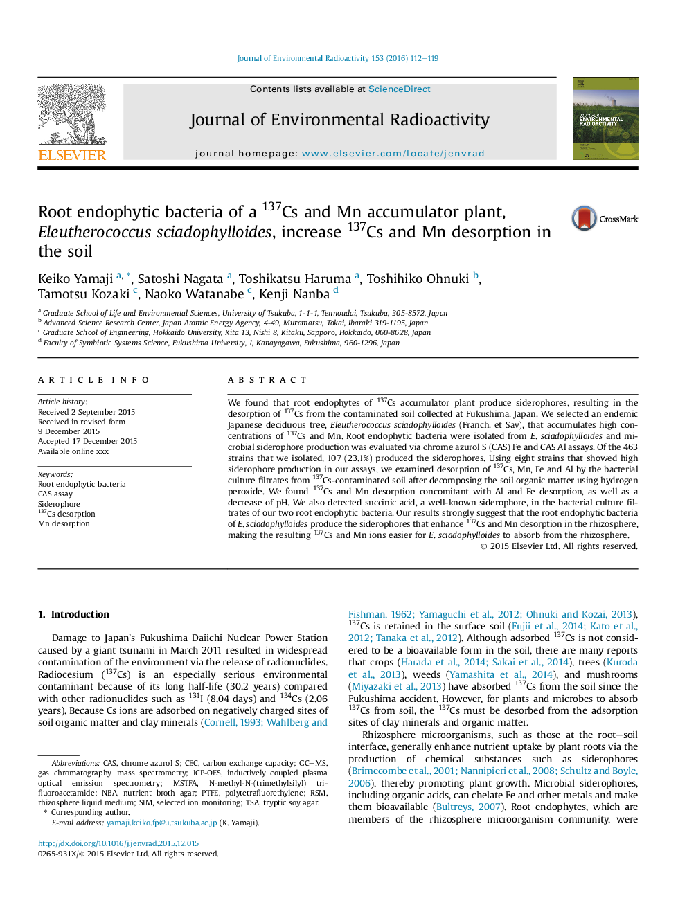 Root endophytic bacteria of a 137Cs and Mn accumulator plant, Eleutherococcus sciadophylloides, increase 137Cs and Mn desorption in the soil