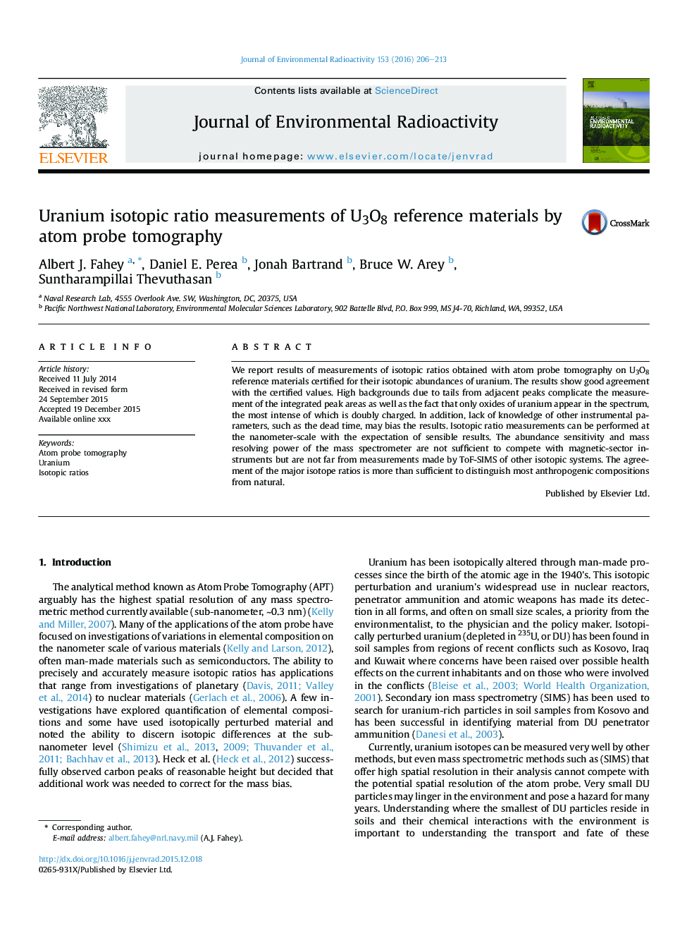 Uranium isotopic ratio measurements of U3O8 reference materials by atom probe tomography