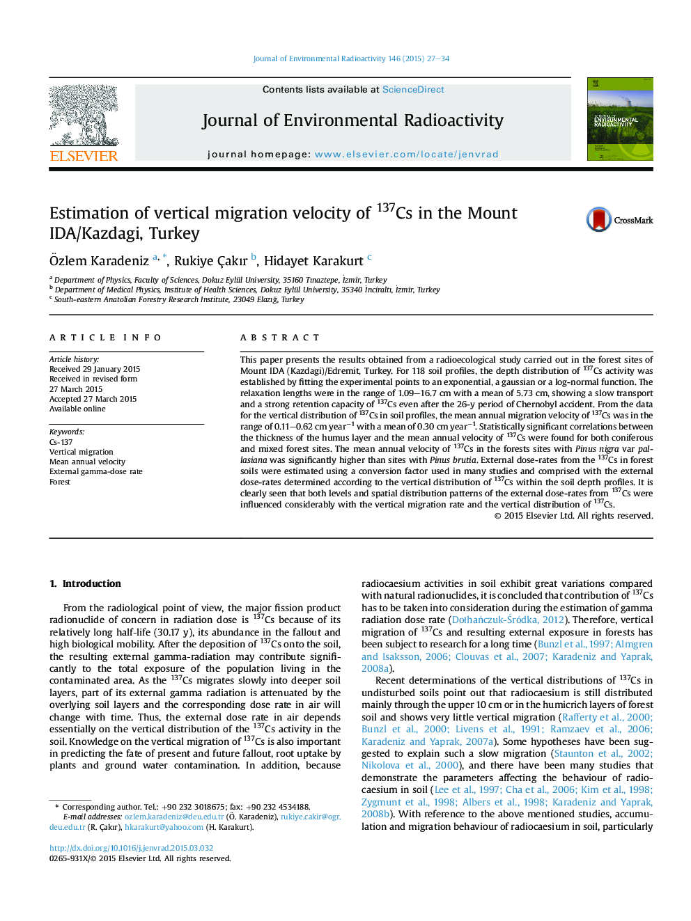 Estimation of vertical migration velocity of 137Cs in the Mount IDA/Kazdagi, Turkey