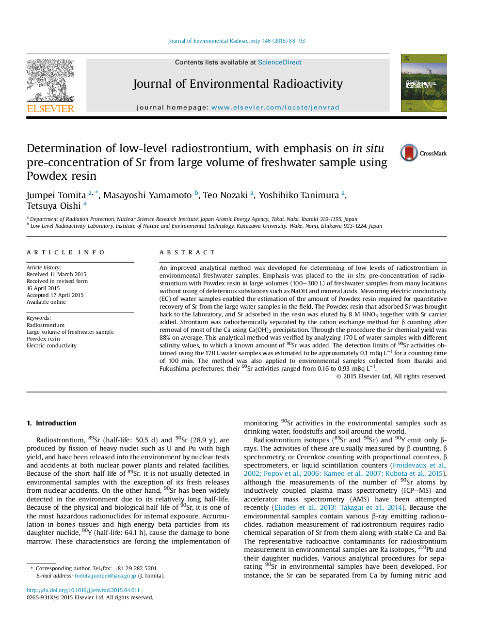 Determination of low-level radiostrontium, with emphasis on in situ pre-concentration of Sr from large volume of freshwater sample using Powdex resin