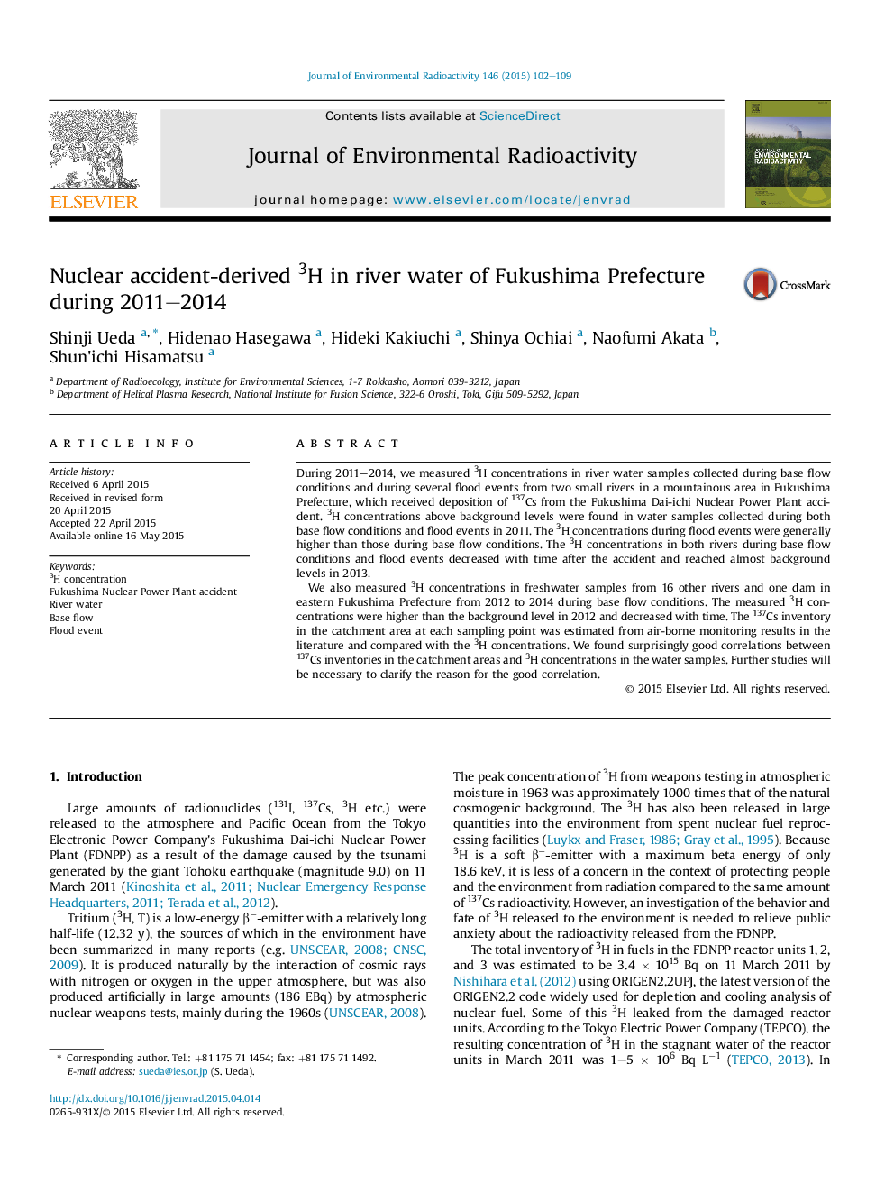 Nuclear accident-derived 3H in river water of Fukushima Prefecture during 2011-2014