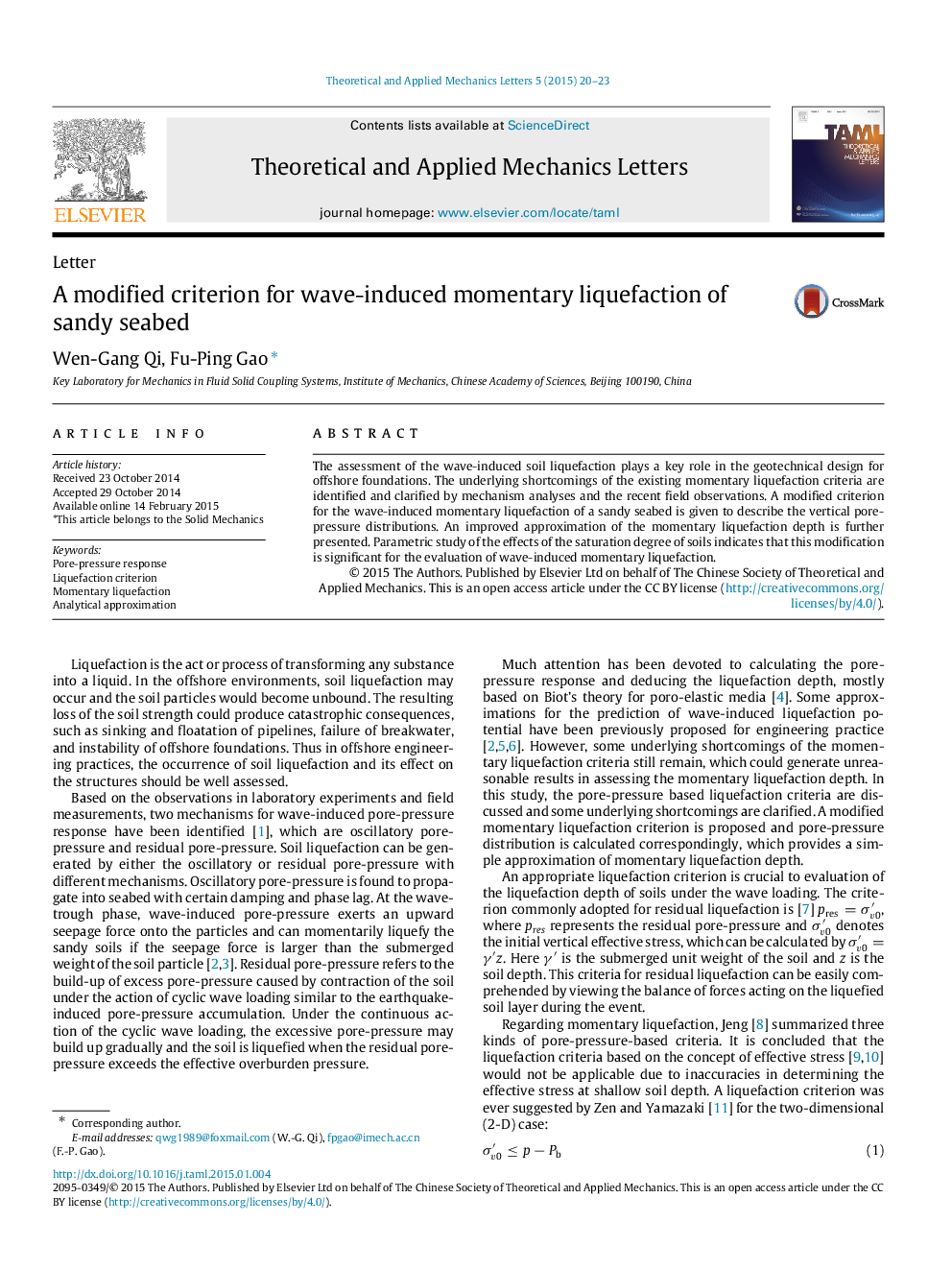 A modified criterion for wave-induced momentary liquefaction of sandy seabed