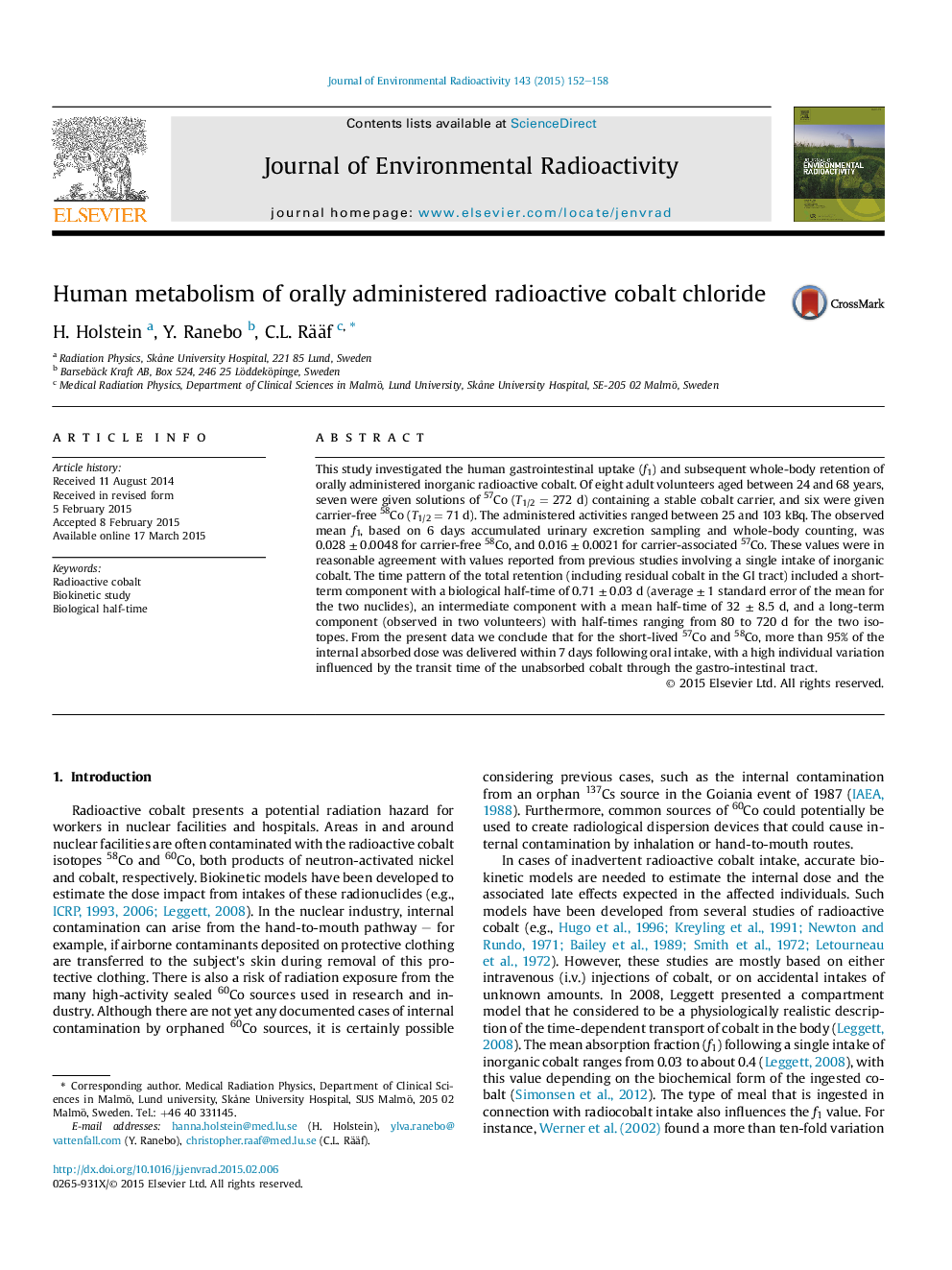 Human metabolism of orally administered radioactive cobalt chloride