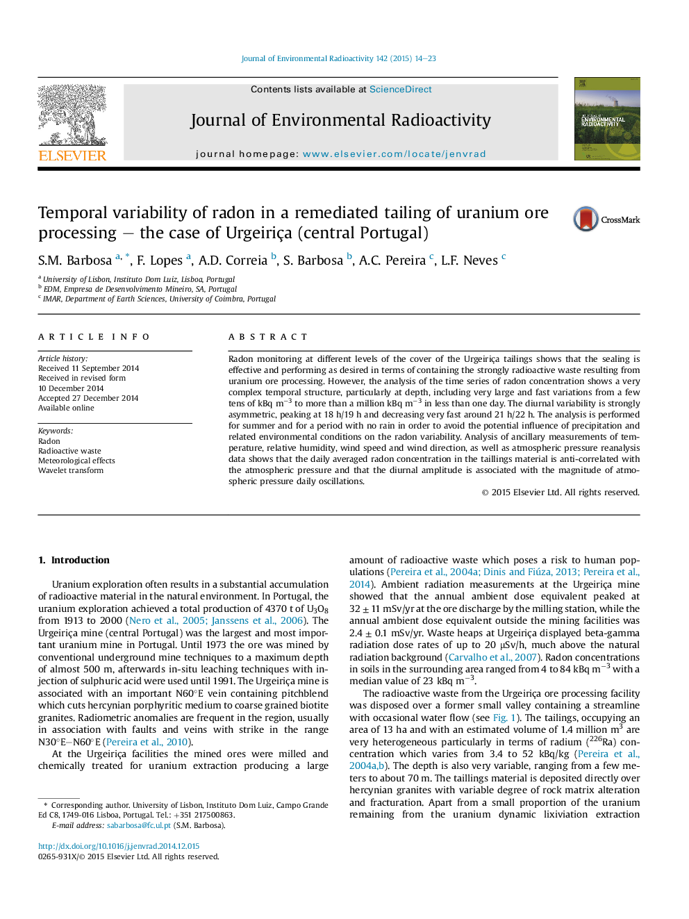 Temporal variability of radon in a remediated tailing of uranium ore processing - the case of Urgeiriça (central Portugal)