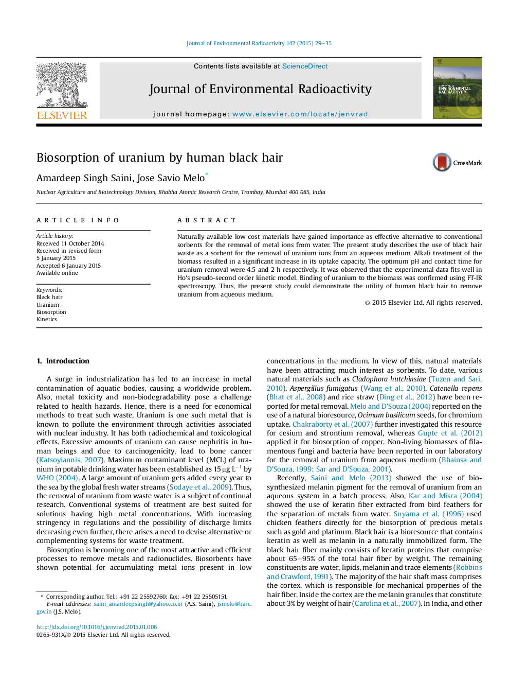 Biosorption of uranium by human black hair