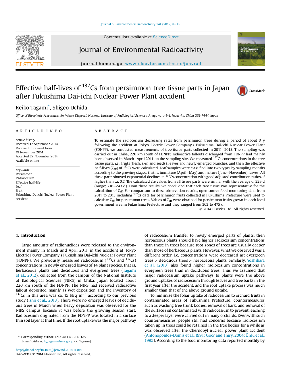 عکس صفحه اول مقاله: Effective half-lives of 137Cs from persimmon tree tissue parts in Japan after Fukushima Dai-ichi Nuclear Power Plant accident Effective half-lives of 137Cs from persimmon tree tissue parts in Japan after Fukushima Dai-ichi Nuclear Power Plant accident