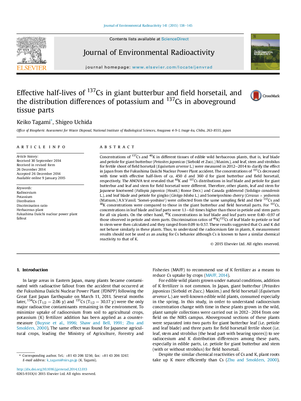 Effective half-lives of 137Cs in giant butterbur and field horsetail, and the distribution differences of potassium and 137Cs in aboveground tissue parts