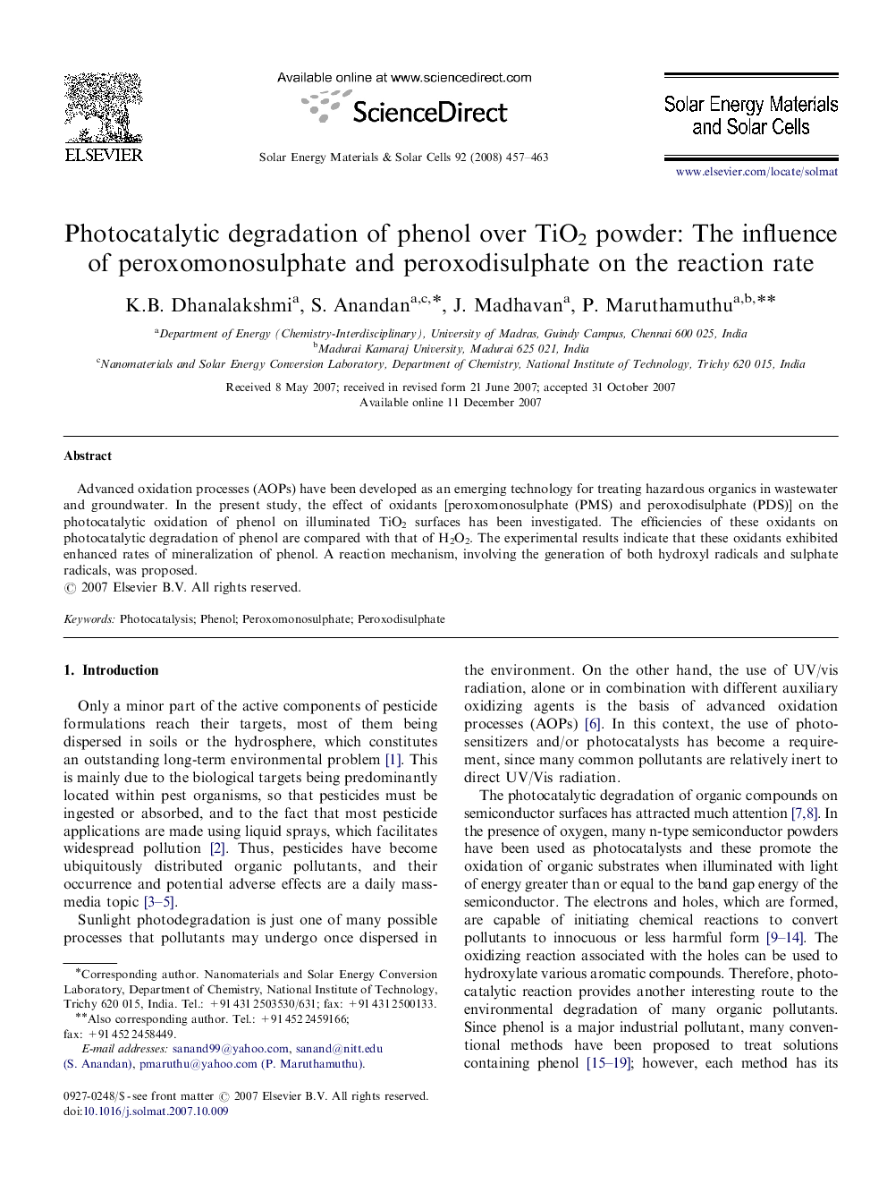 Photocatalytic degradation of phenol over TiO2 powder: The influence of peroxomonosulphate and peroxodisulphate on the reaction rate