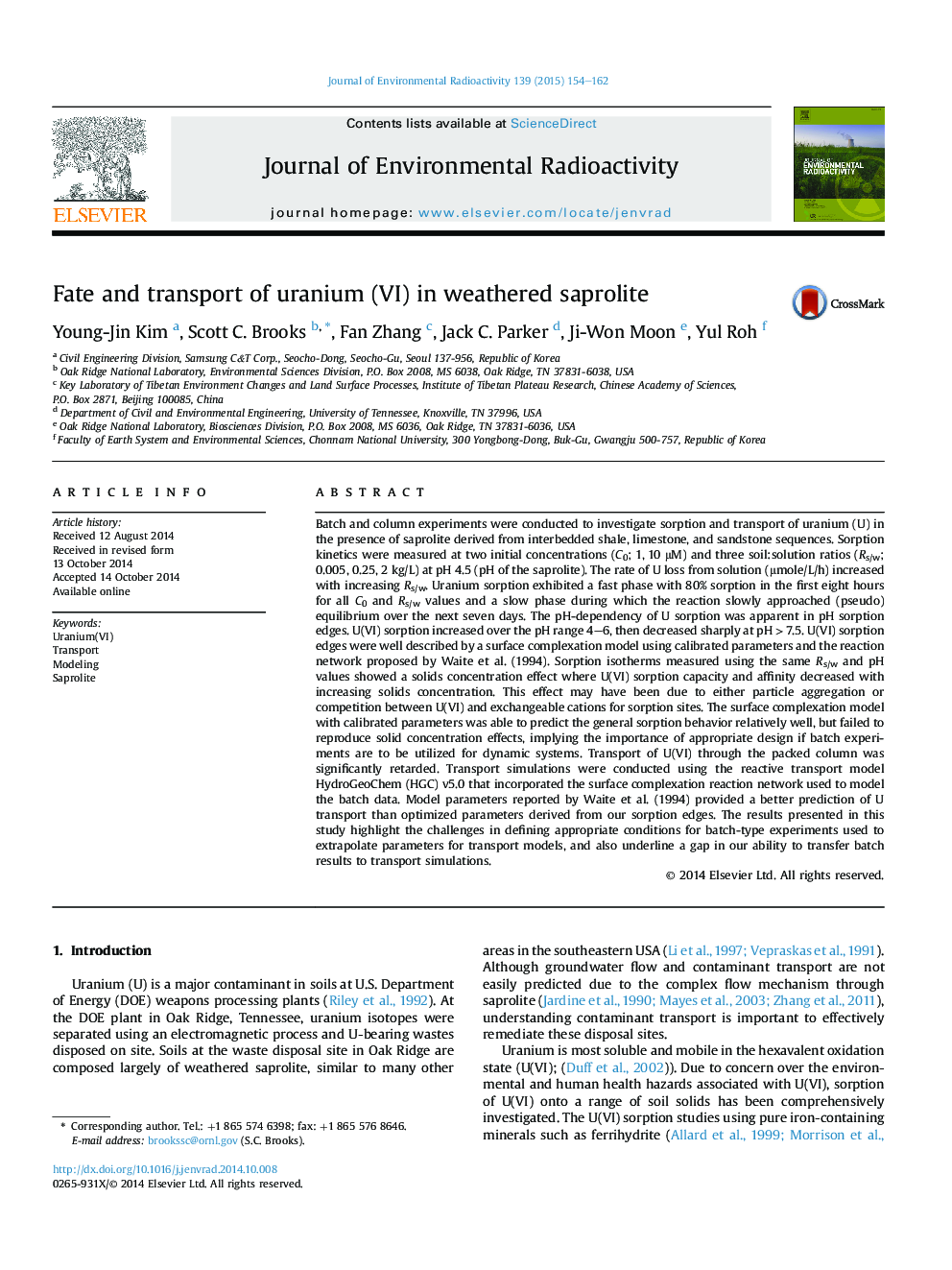 Fate and transport of uranium (VI) in weathered saprolite