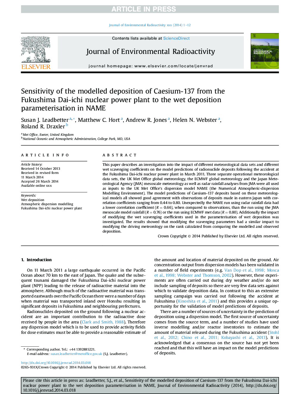 Sensitivity of the modelled deposition of Caesium-137 from the Fukushima Dai-ichi nuclear power plant to the wet deposition parameterisation in NAME