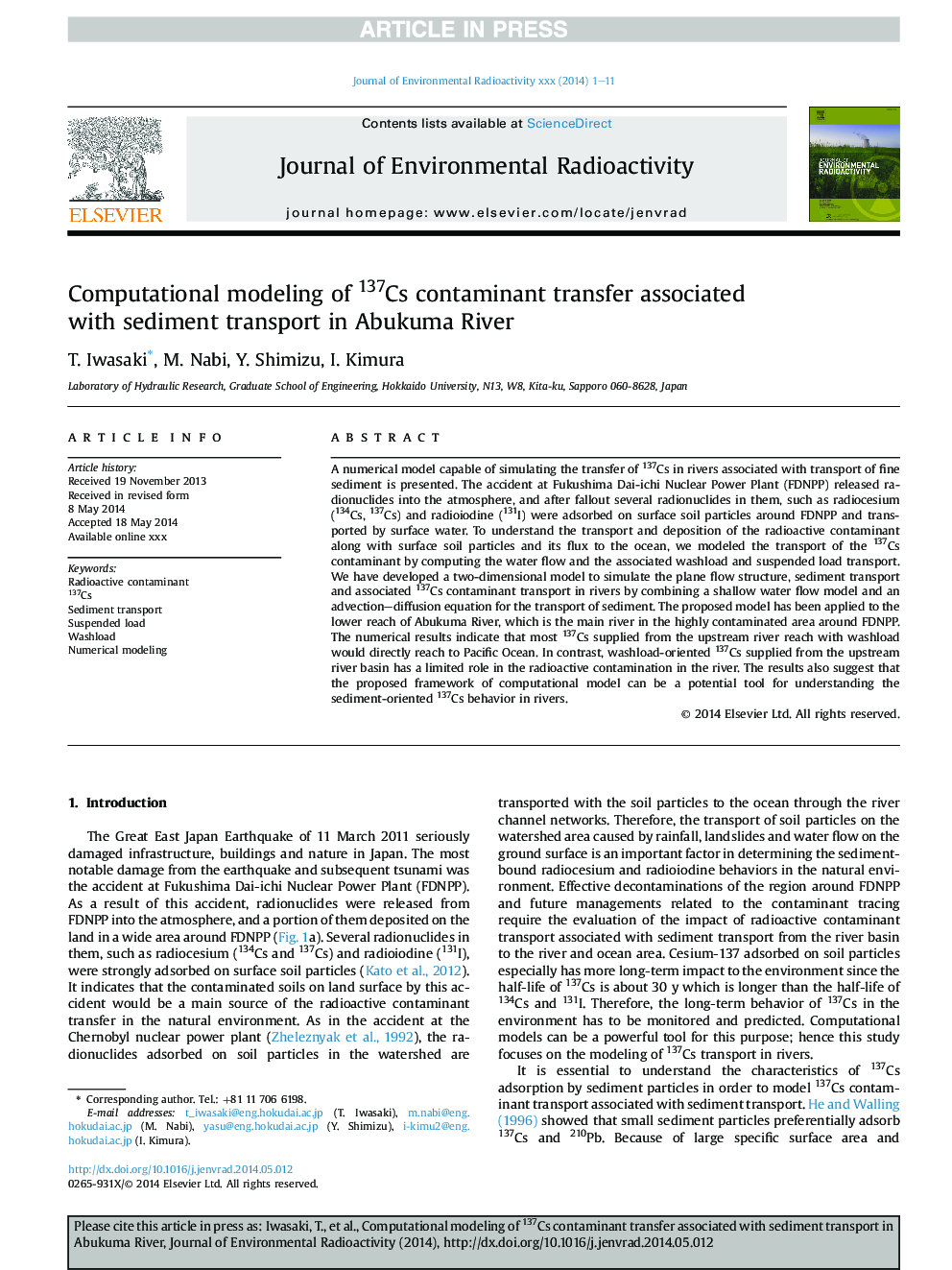 Computational modeling of 137Cs contaminant transfer associated with sediment transport in Abukuma River