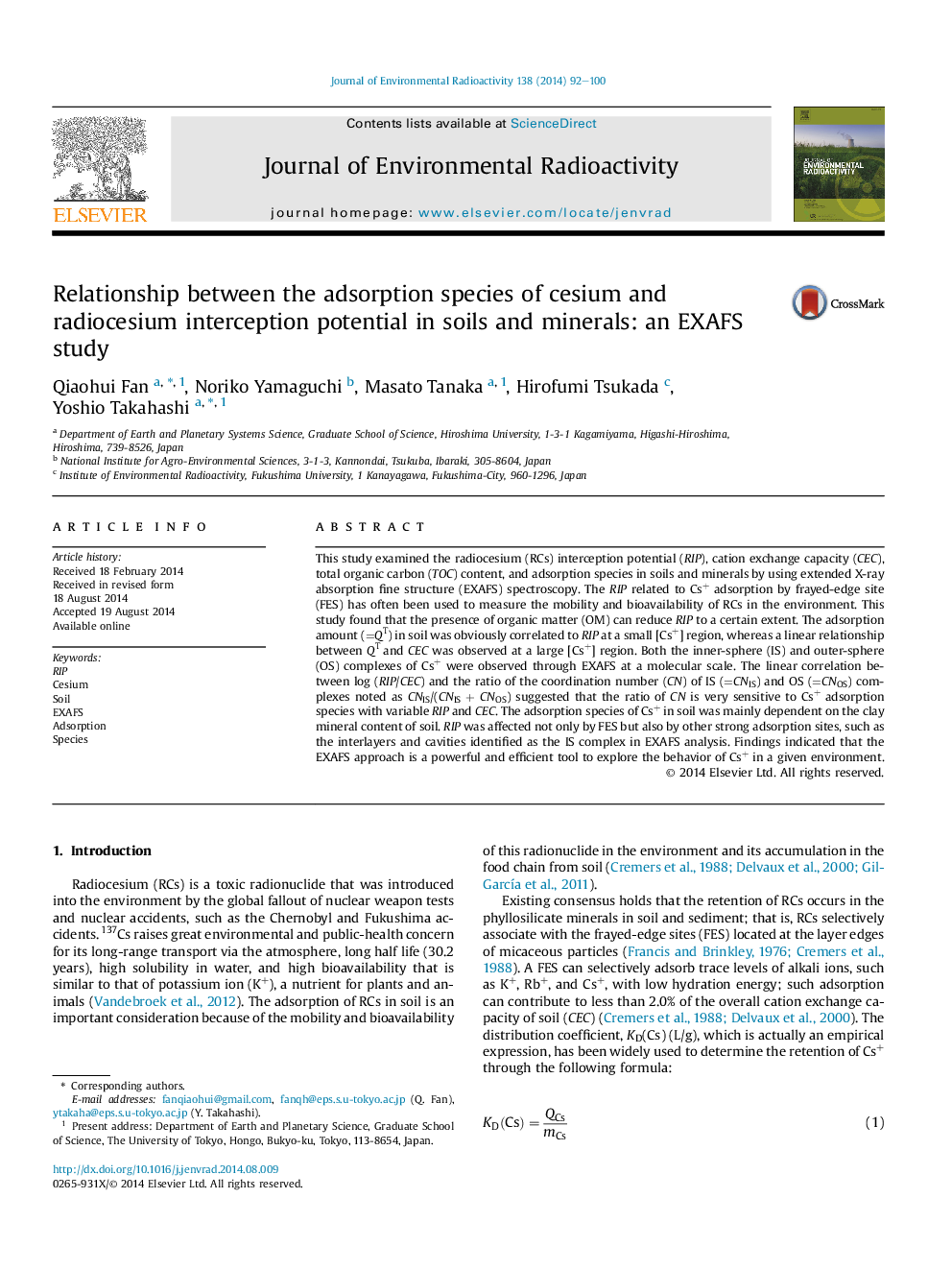 Relationship between the adsorption species of cesium and radiocesium interception potential in soils and minerals: an EXAFS study