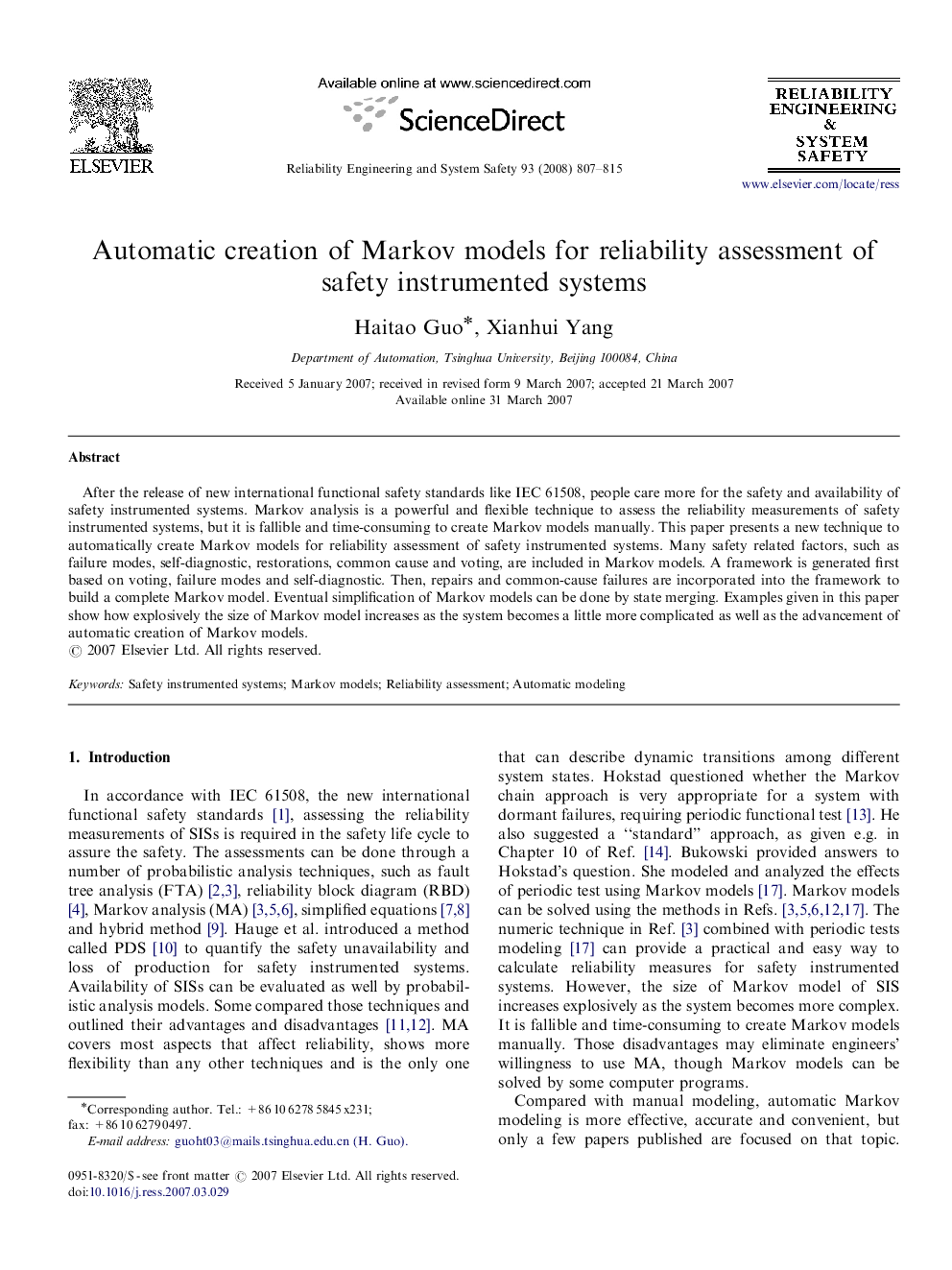 Automatic creation of Markov models for reliability assessment of safety instrumented systems