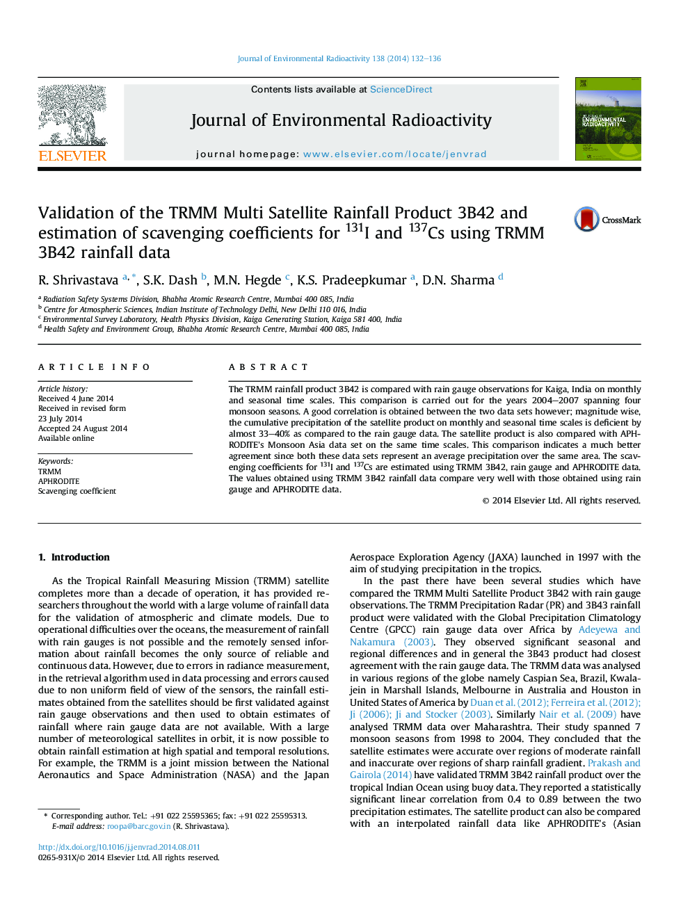Validation of the TRMM Multi Satellite Rainfall Product 3B42 and estimation of scavenging coefficients for 131I and 137Cs using TRMM 3B42 rainfall data