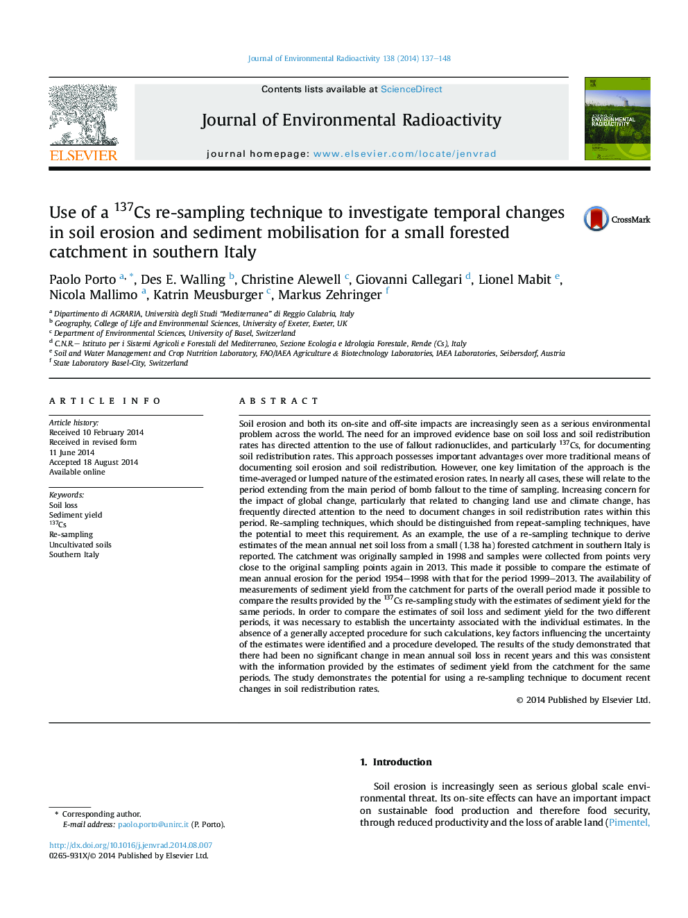 Use of a 137Cs re-sampling technique to investigate temporal changes in soil erosion and sediment mobilisation for a small forested catchment in southern Italy