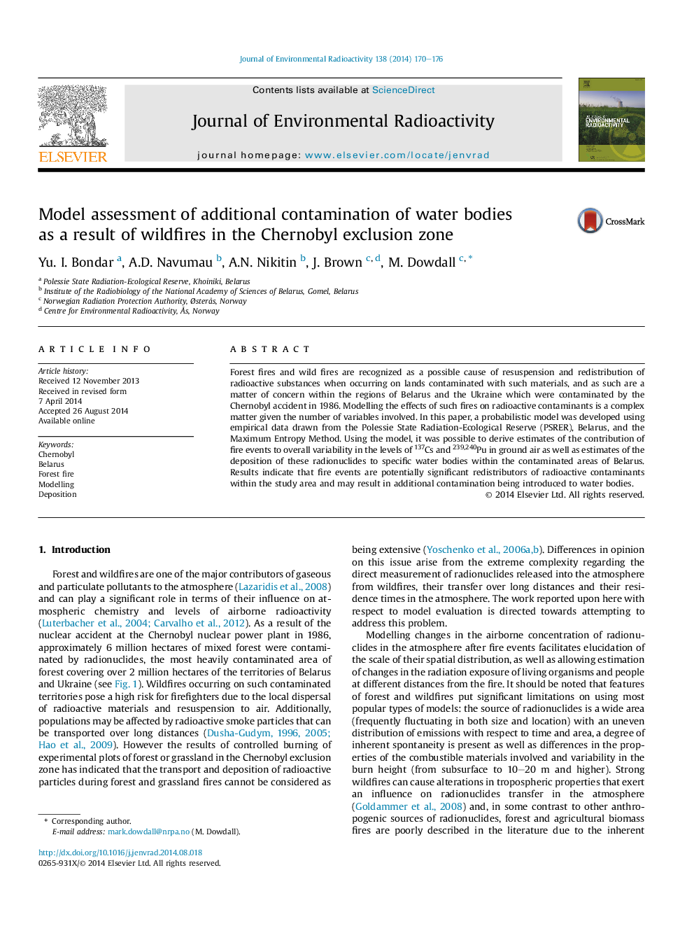 Model assessment of additional contamination of water bodies as aÂ result of wildfires in the Chernobyl exclusion zone