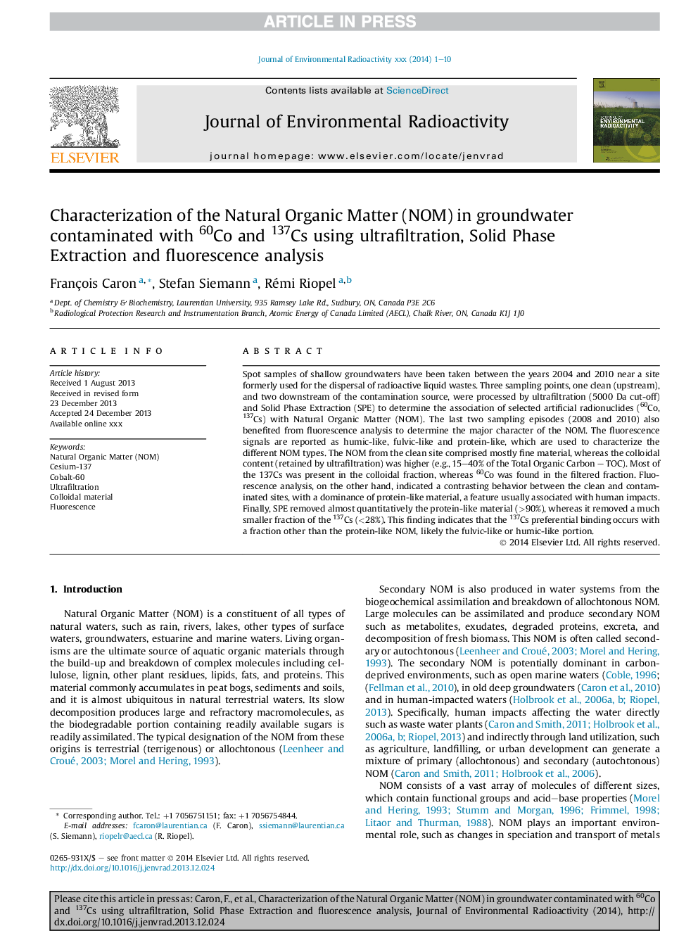 Characterization of the Natural Organic Matter (NOM) in groundwater contaminated with 60Co and 137Cs using ultrafiltration, Solid Phase Extraction and fluorescence analysis