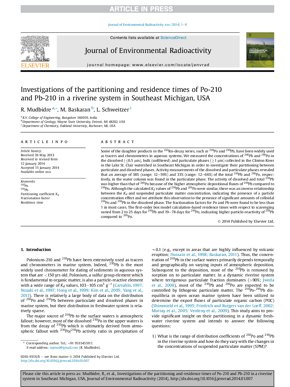 Investigations of the partitioning and residence times of Po-210 and Pb-210 in a riverine system in Southeast Michigan, USA