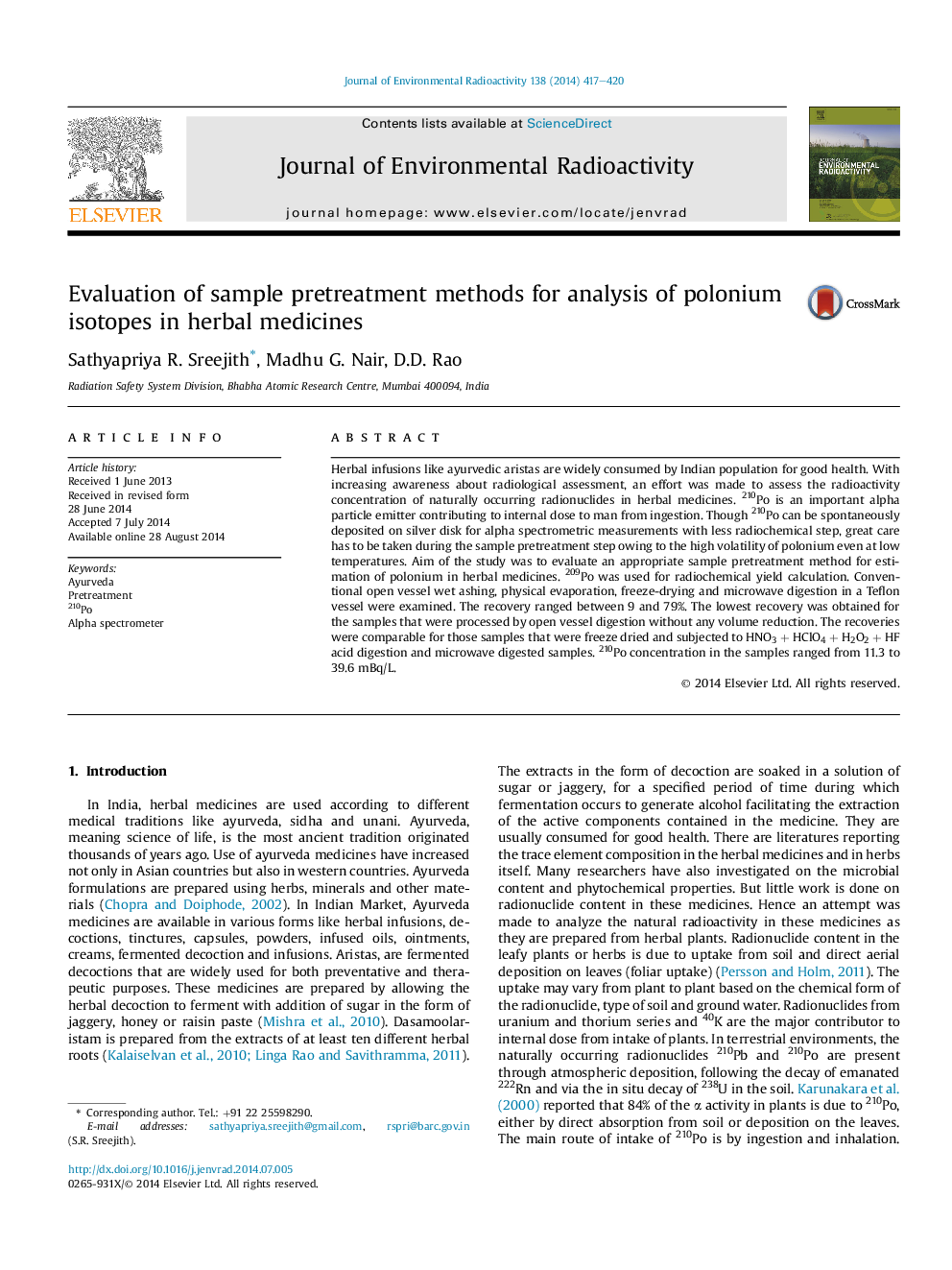 Evaluation of sample pretreatment methods for analysis of polonium isotopes in herbal medicines