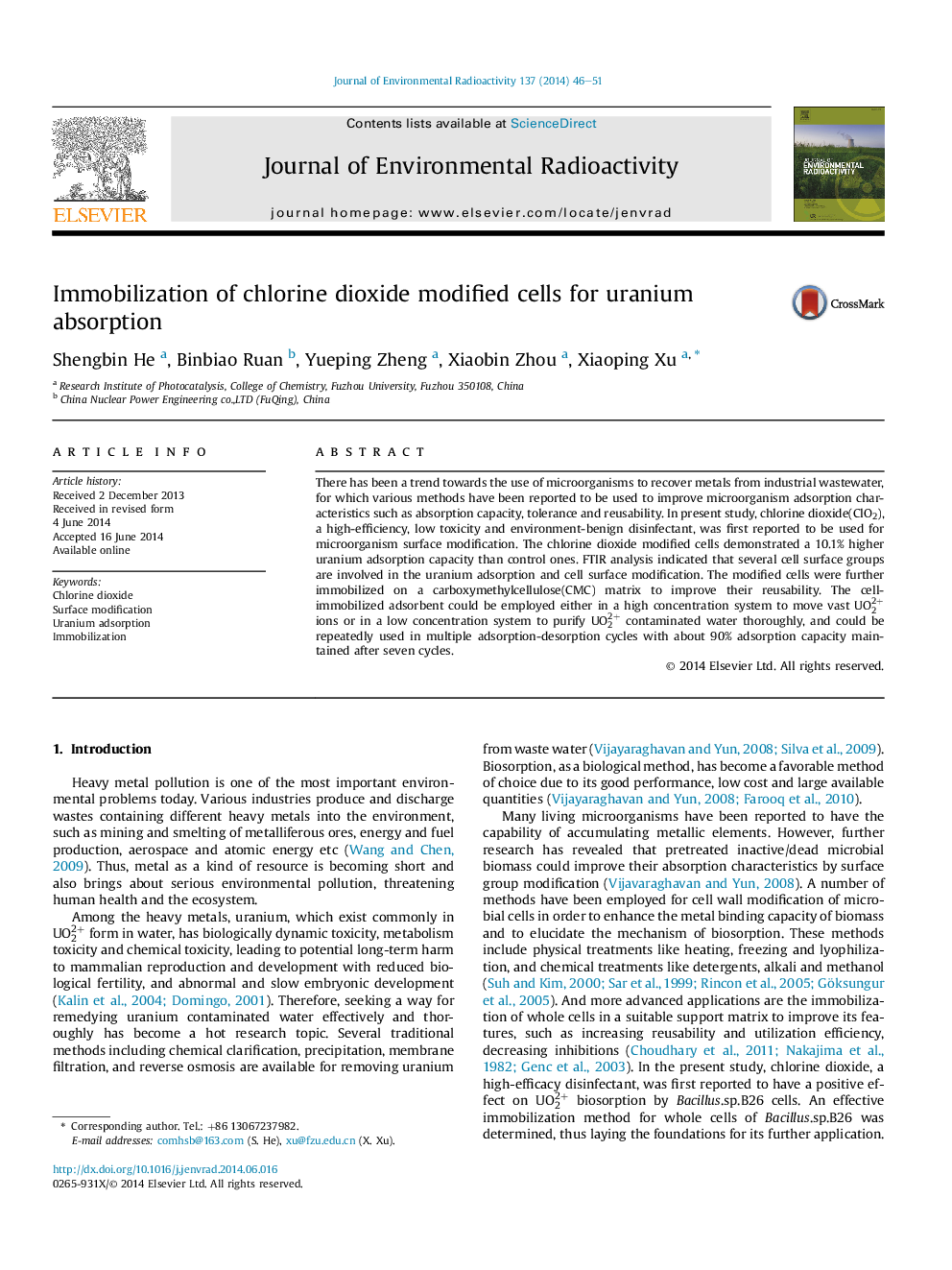 Immobilization of chlorine dioxide modified cells for uranium absorption