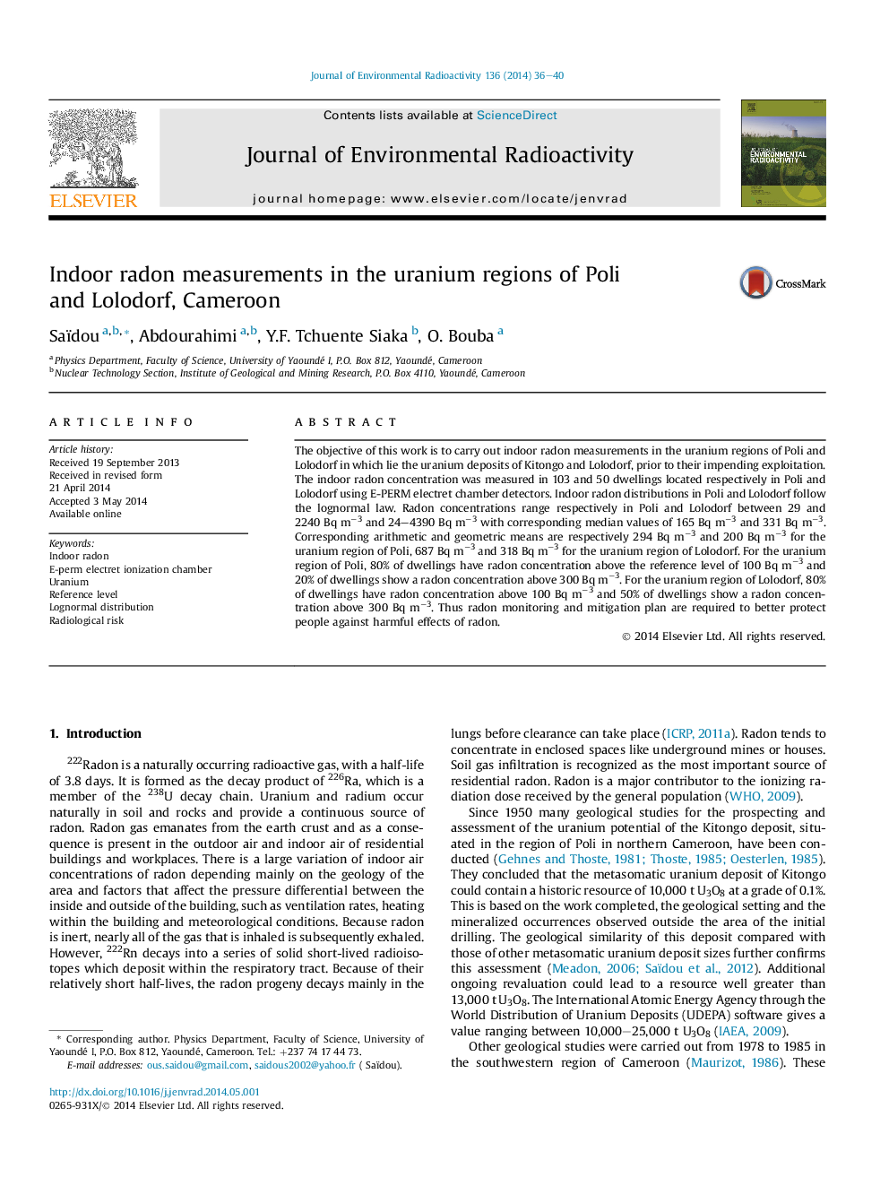 Indoor radon measurements in the uranium regions of Poli and Lolodorf, Cameroon