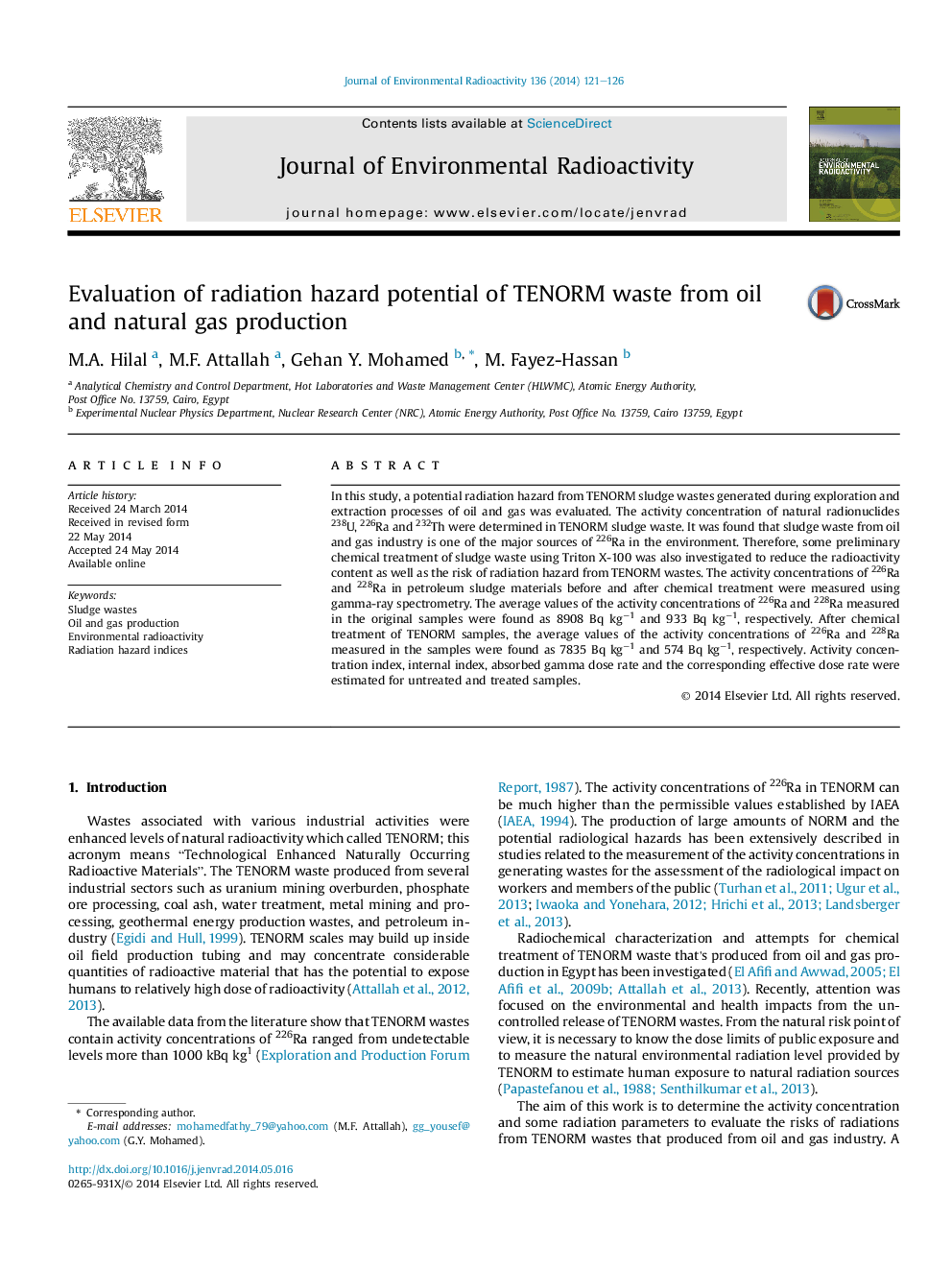 Evaluation of radiation hazard potential of TENORM waste from oil and natural gas production