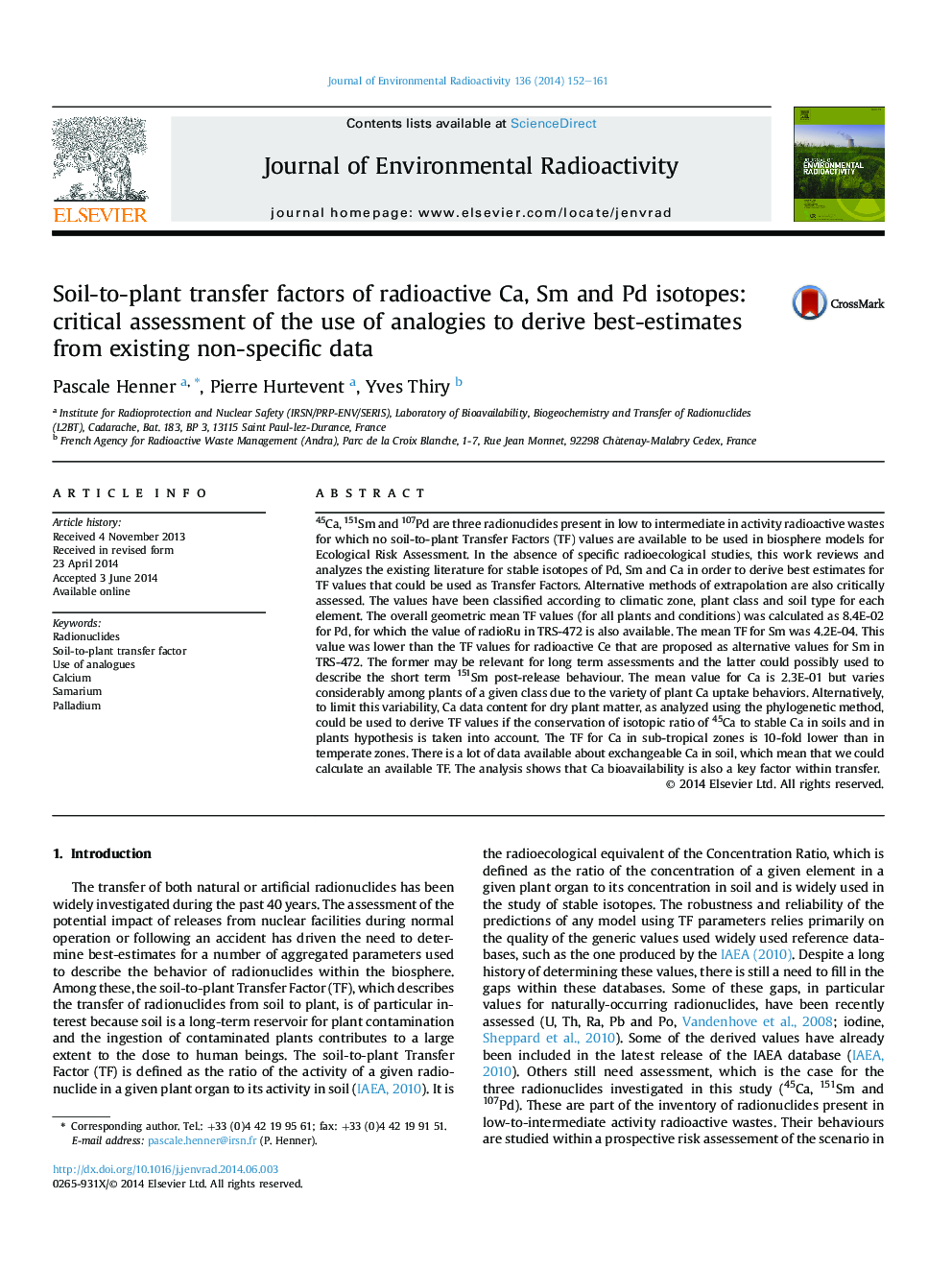 Soil-to-plant transfer factors of radioactive Ca, Sm and Pd isotopes: critical assessment of the use of analogies to derive best-estimates from existing non-specific data