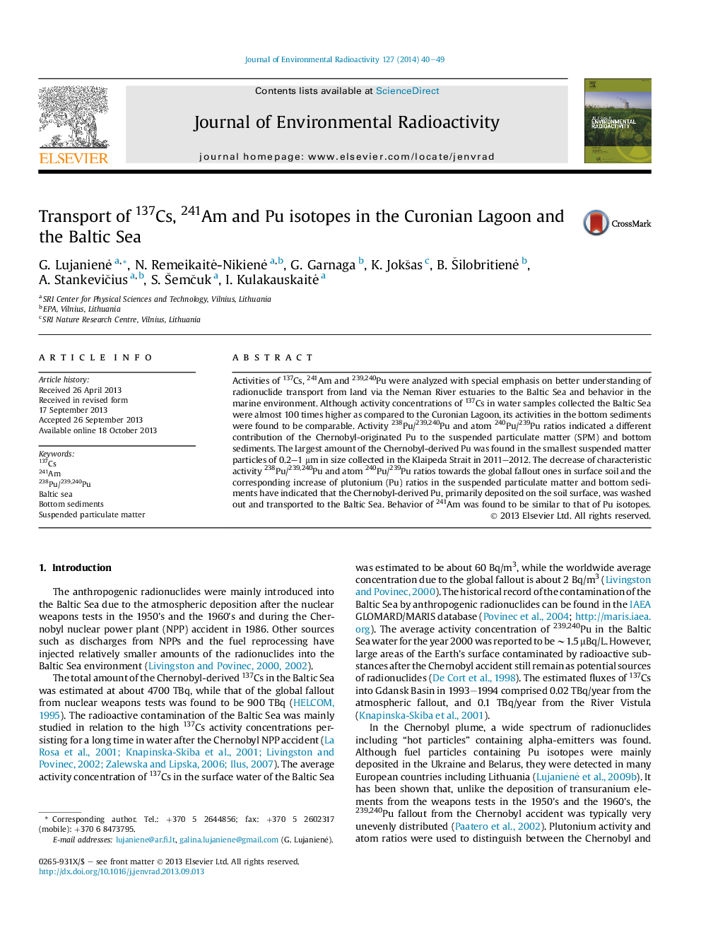 Transport of 137Cs, 241Am and Pu isotopes in the Curonian Lagoon and the Baltic Sea