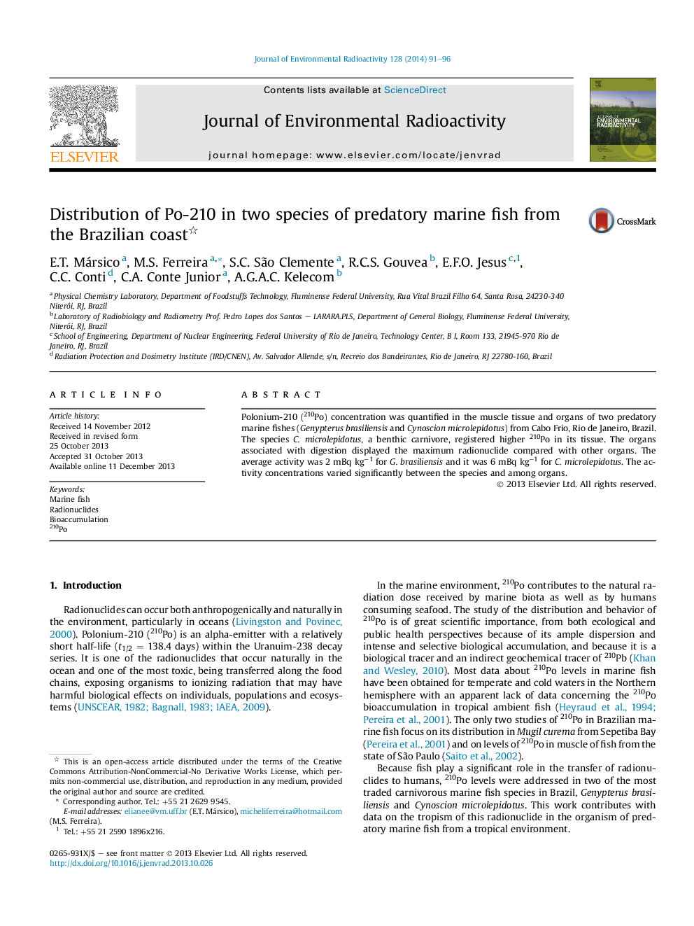 Distribution of Po-210 in two species of predatory marine fish from the Brazilian coast