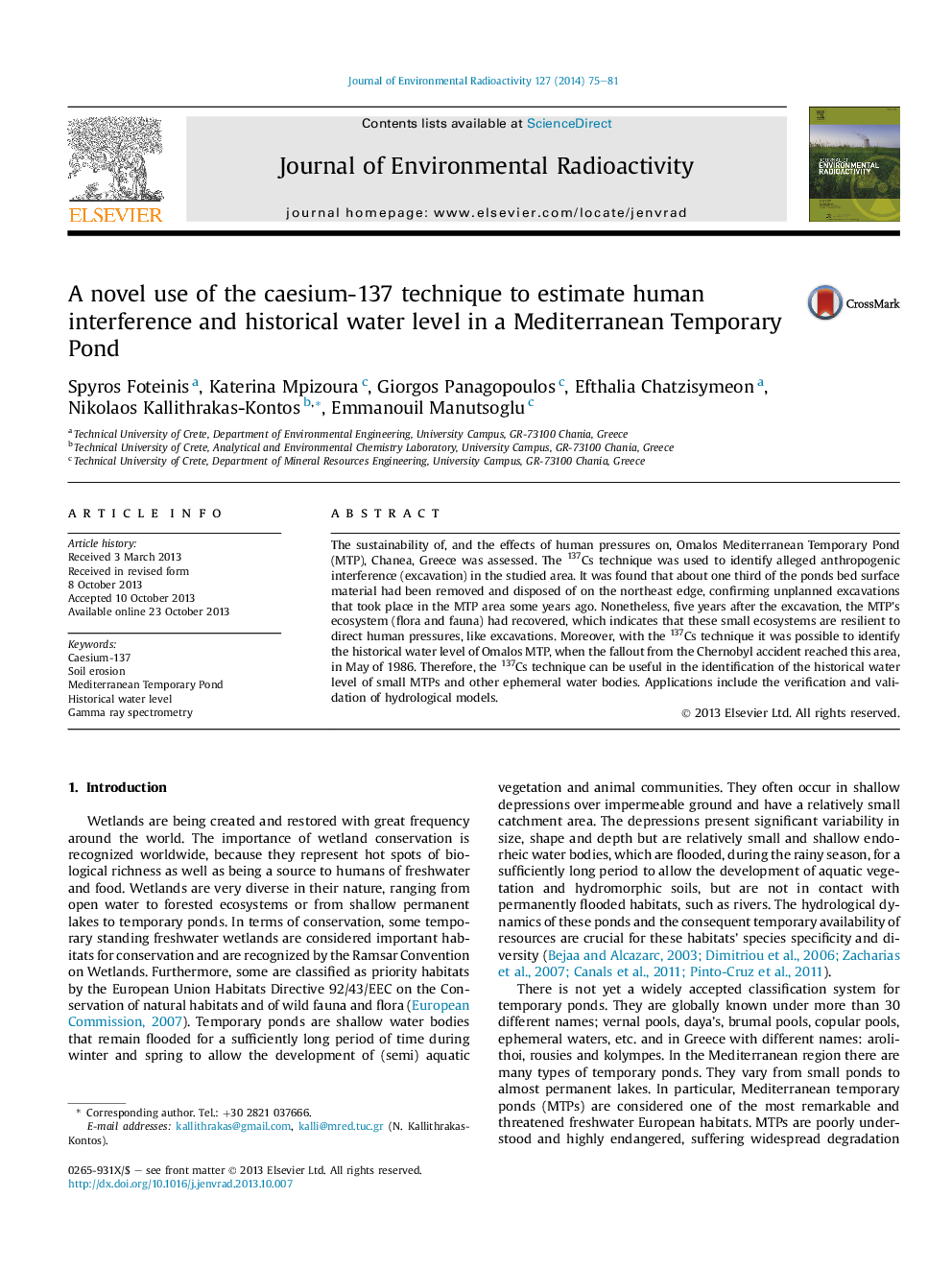 A novel use of the caesium-137 technique to estimate human interference and historical water level in a Mediterranean Temporary Pond