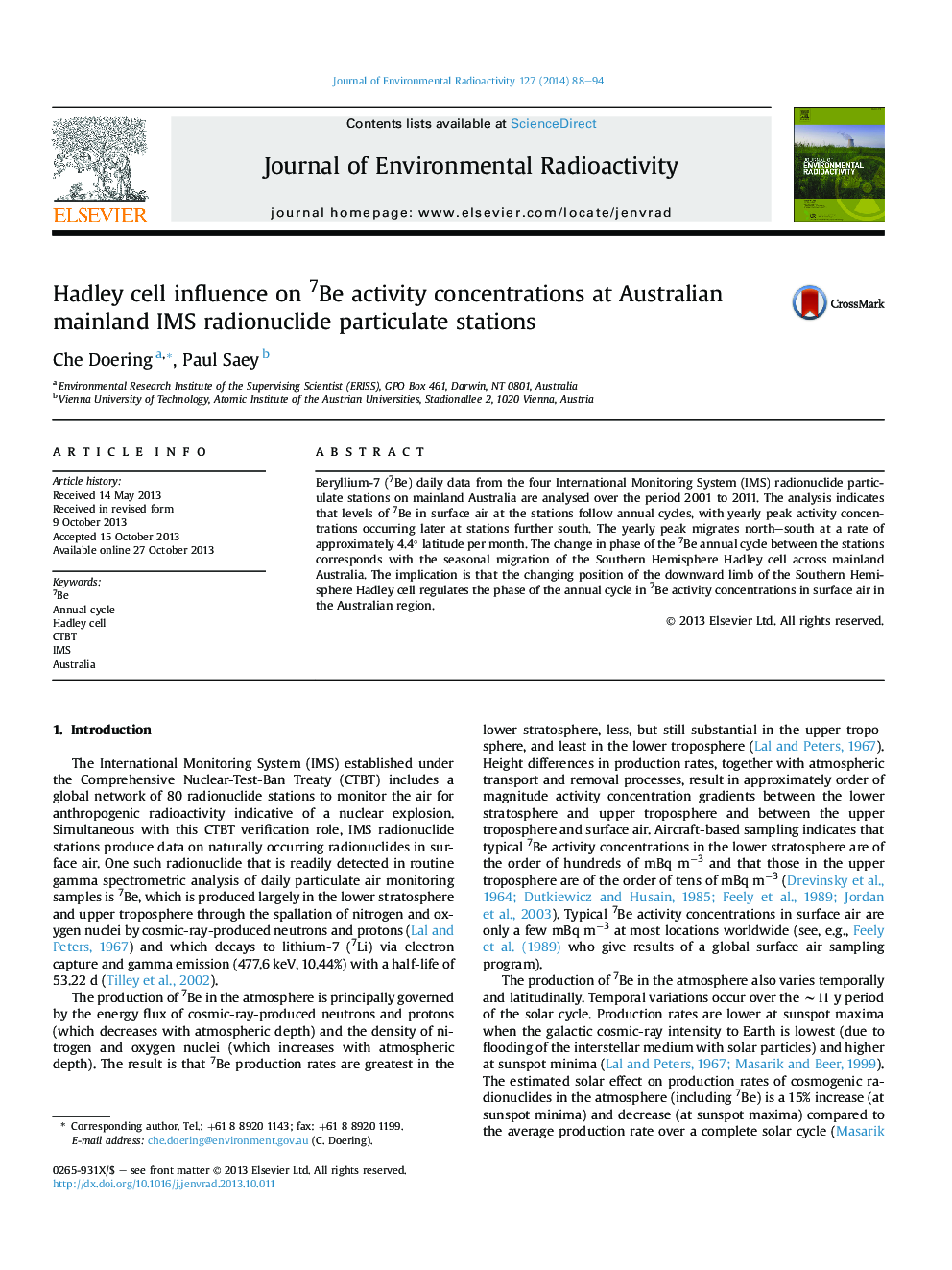 Hadley cell influence on 7Be activity concentrations at Australian mainland IMS radionuclide particulate stations