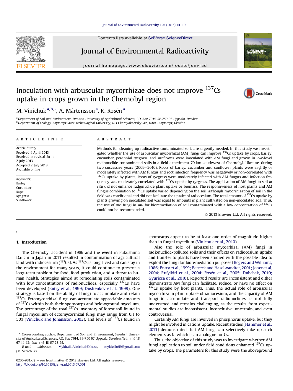 Inoculation with arbuscular mycorrhizae does not improve 137Cs uptake in crops grown in the Chernobyl region