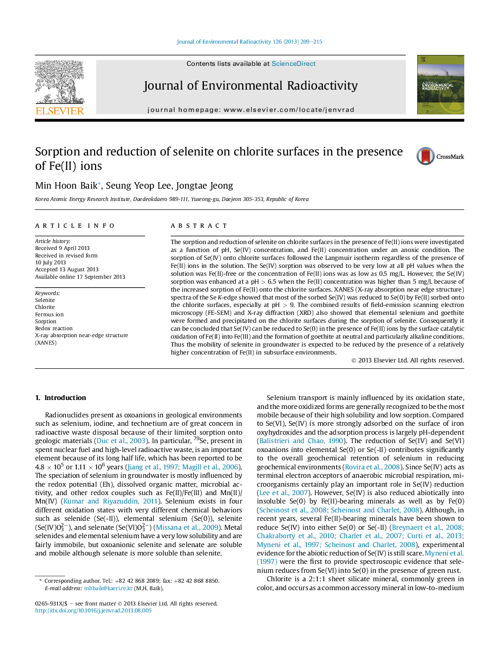 Sorption and reduction of selenite on chlorite surfaces in the presence of Fe(II) ions