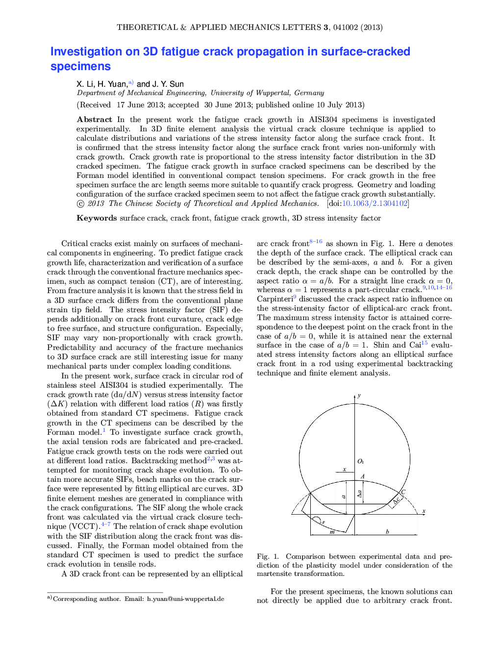 Investigation on 3D fatigue crack propagation in surface-cracked specimens