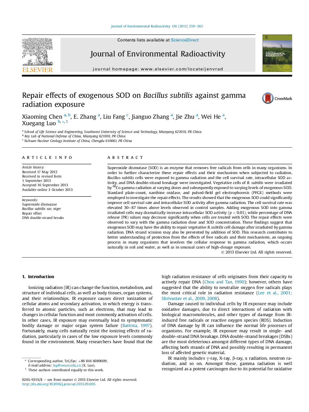 Repair effects of exogenous SOD on Bacillus subtilis against gamma radiation exposure