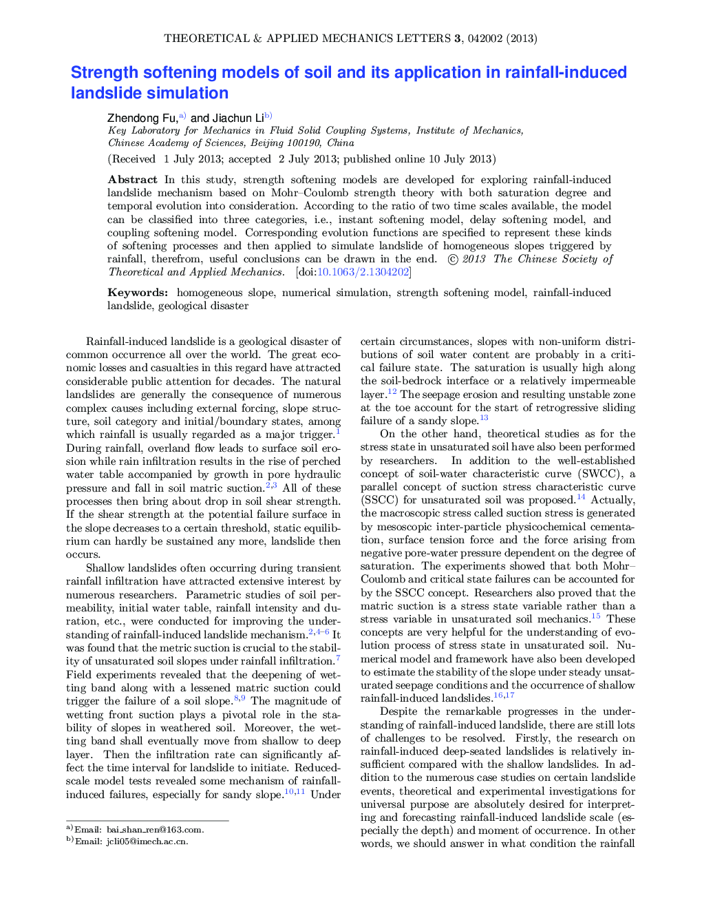 Strength softening models of soil and its application in rainfall-induced landslidesimulation