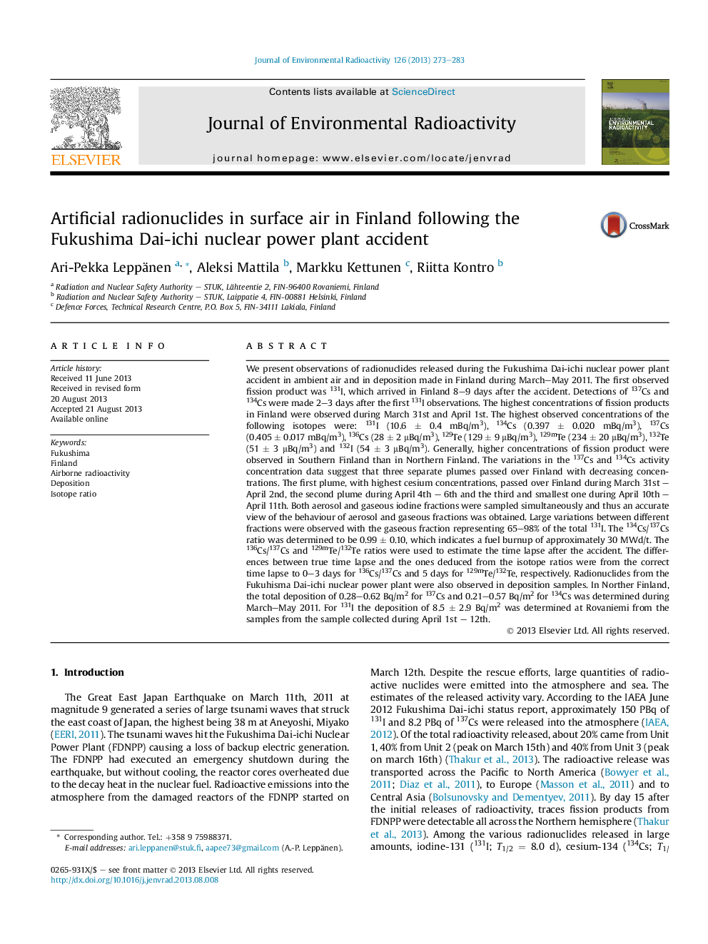 Artificial radionuclides in surface air in Finland following the Fukushima Dai-ichi nuclear power plant accident