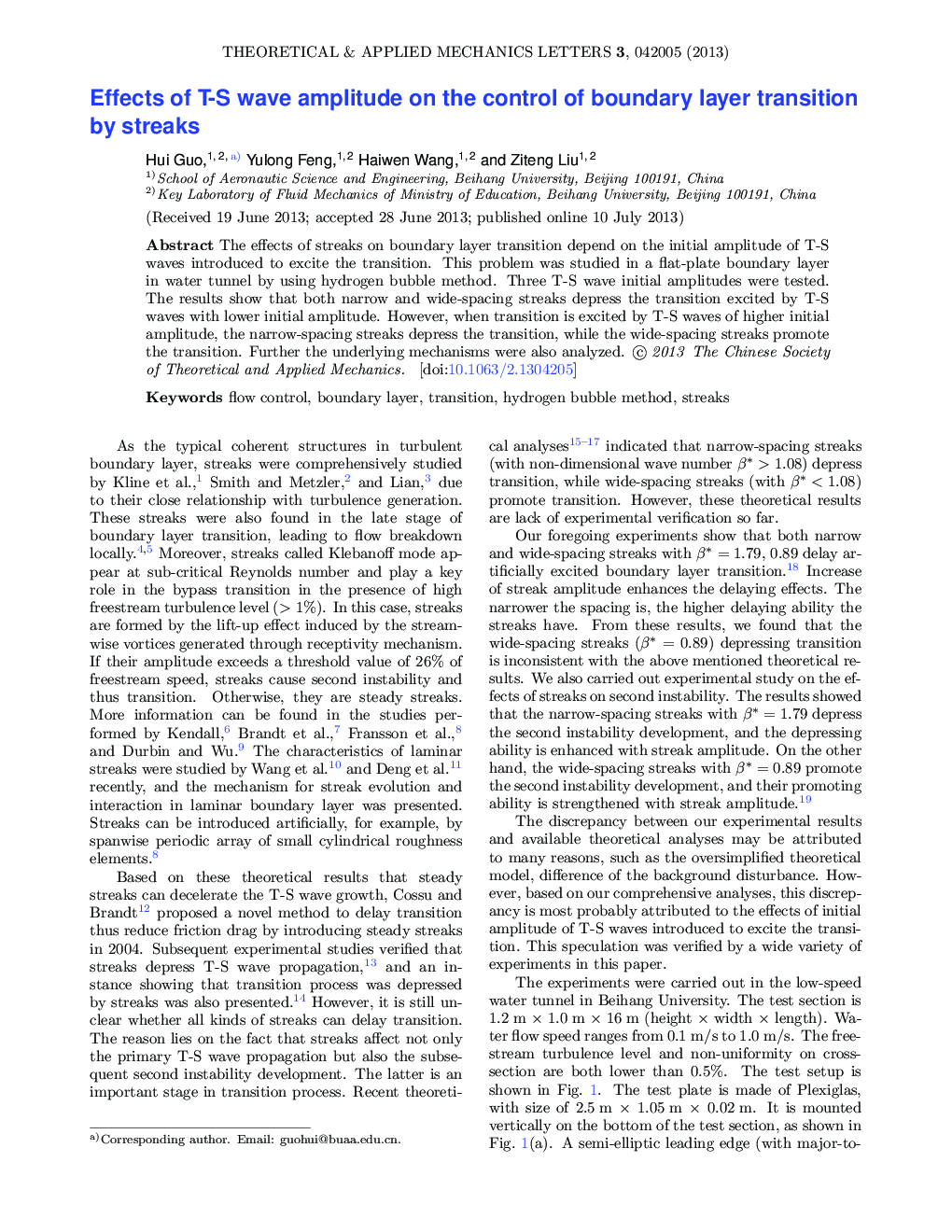 عکس صفحه اول مقاله: Effects of T-S wave amplitude on the control of boundary layer transition bystreaks Effects of T-S wave amplitude on the control of boundary layer transition bystreaks