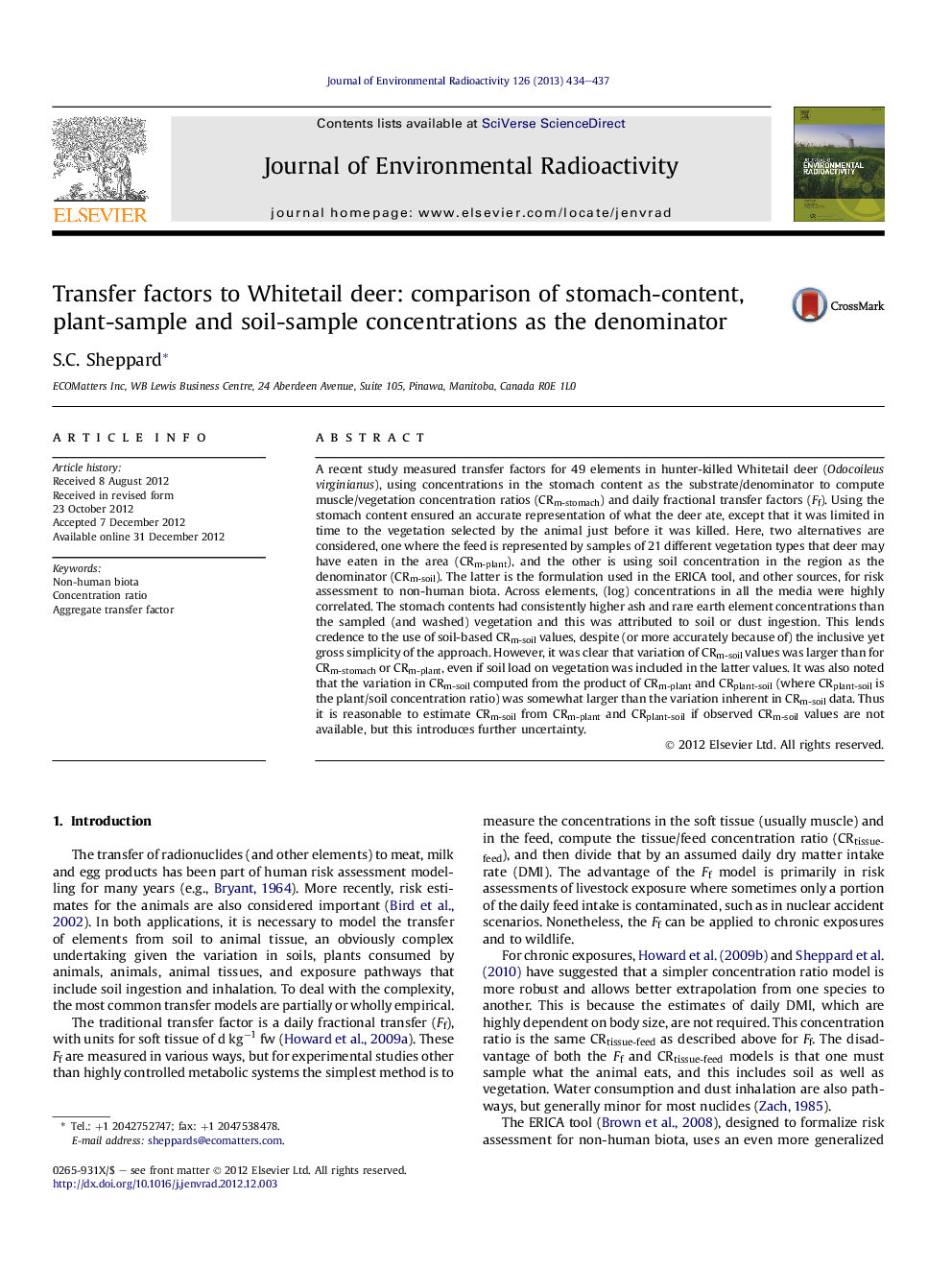 Transfer factors to Whitetail deer: comparison of stomach-content, plant-sample and soil-sample concentrations as the denominator