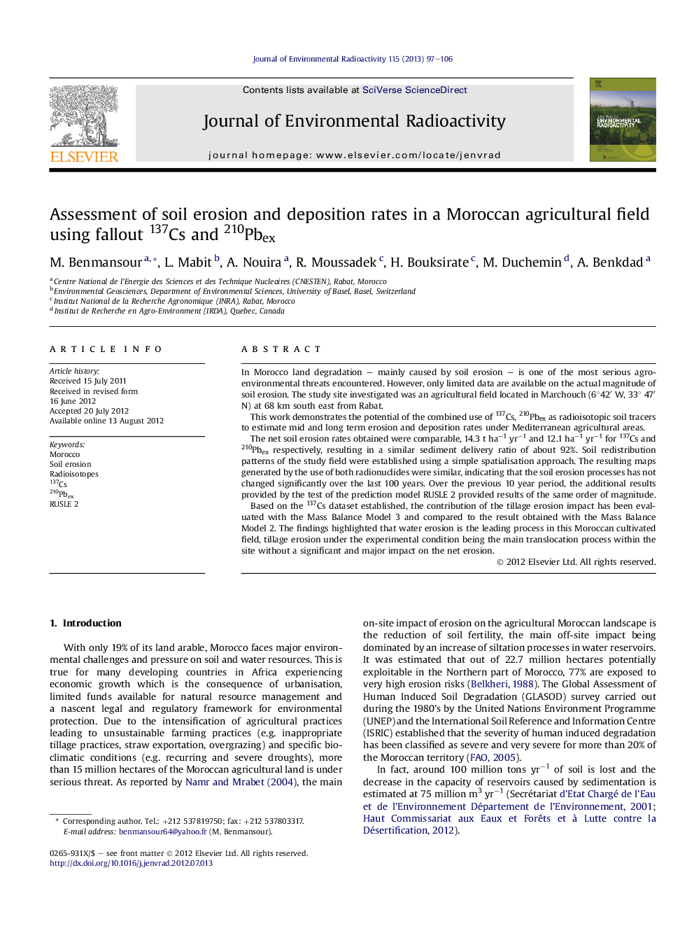 Assessment of soil erosion and deposition rates in a Moroccan agricultural field using fallout 137Cs and 210Pbex