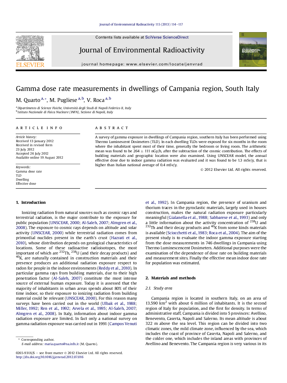 Gamma dose rate measurements in dwellings of Campania region, South Italy