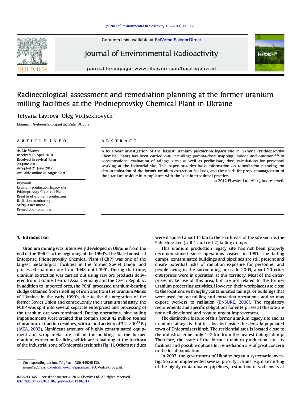 Radioecological assessment and remediation planning at the former uranium milling facilities at the Pridnieprovsky Chemical Plant in Ukraine