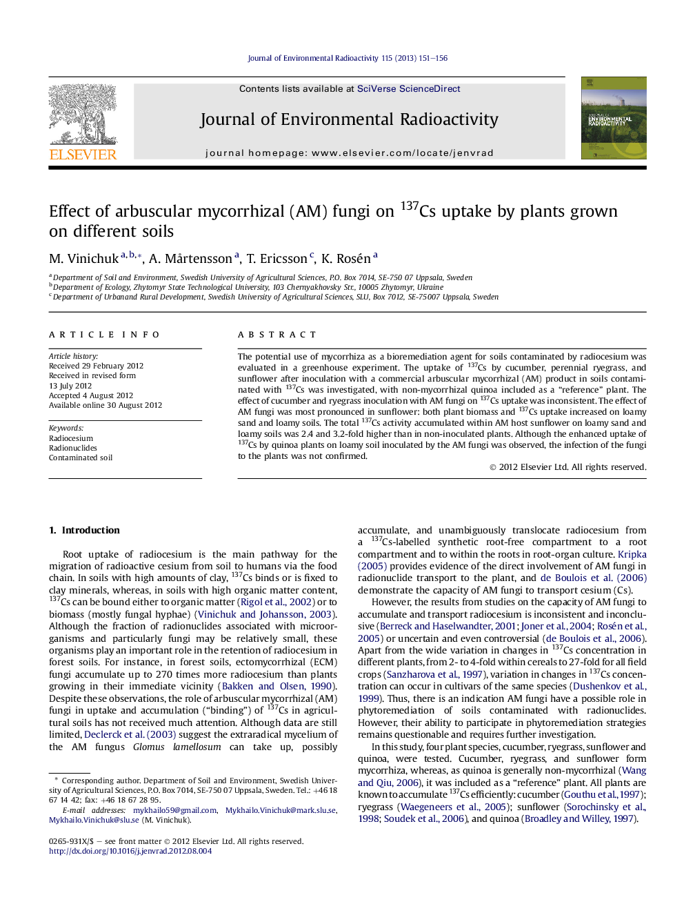 Effect of arbuscular mycorrhizal (AM) fungi on 137Cs uptake by plants grown on different soils