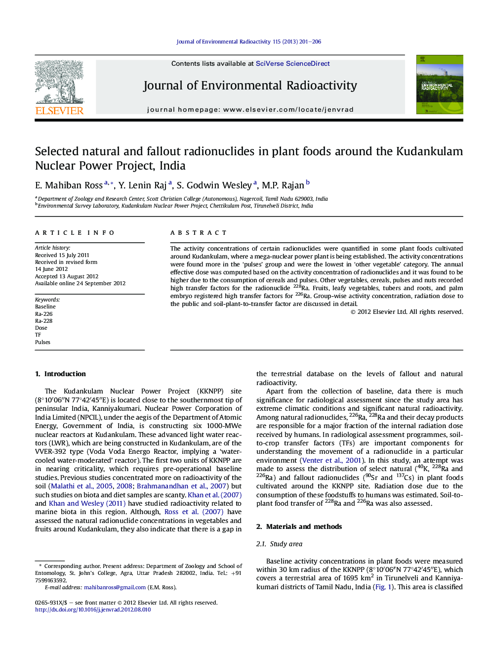 Selected natural and fallout radionuclides in plant foods around the Kudankulam Nuclear Power Project, India