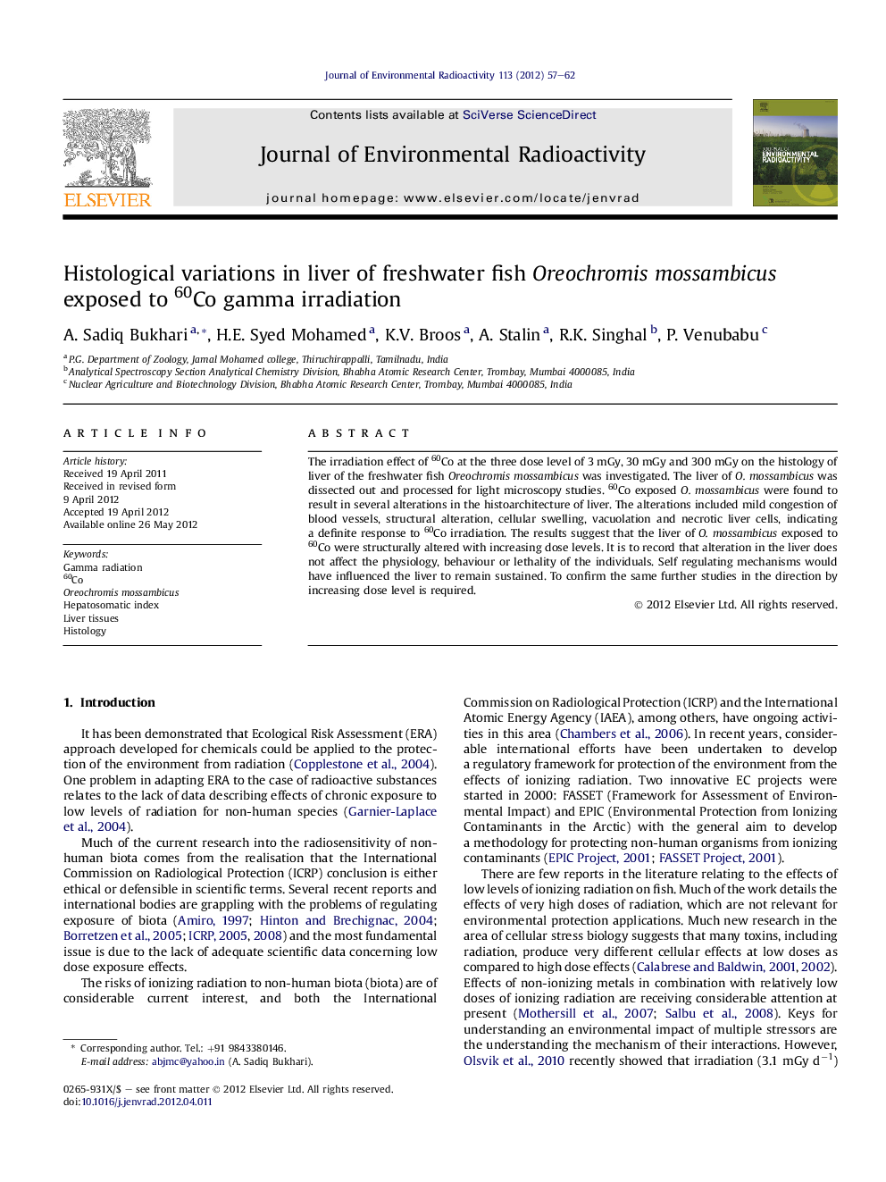 Histological variations in liver of freshwater fish Oreochromis mossambicus exposed to 60Co gamma irradiation